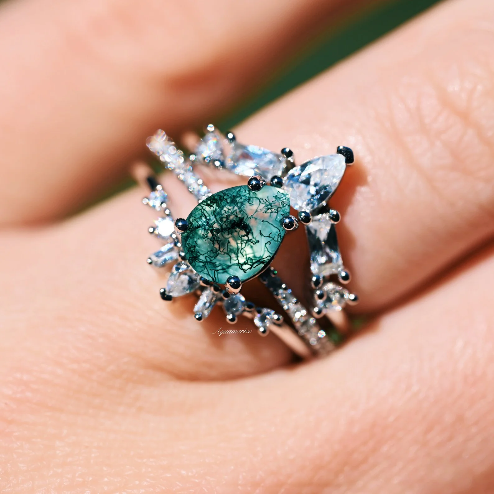 Natural Green Moss Agate 3pcs Ring Set- Sterling Silver - Image 2