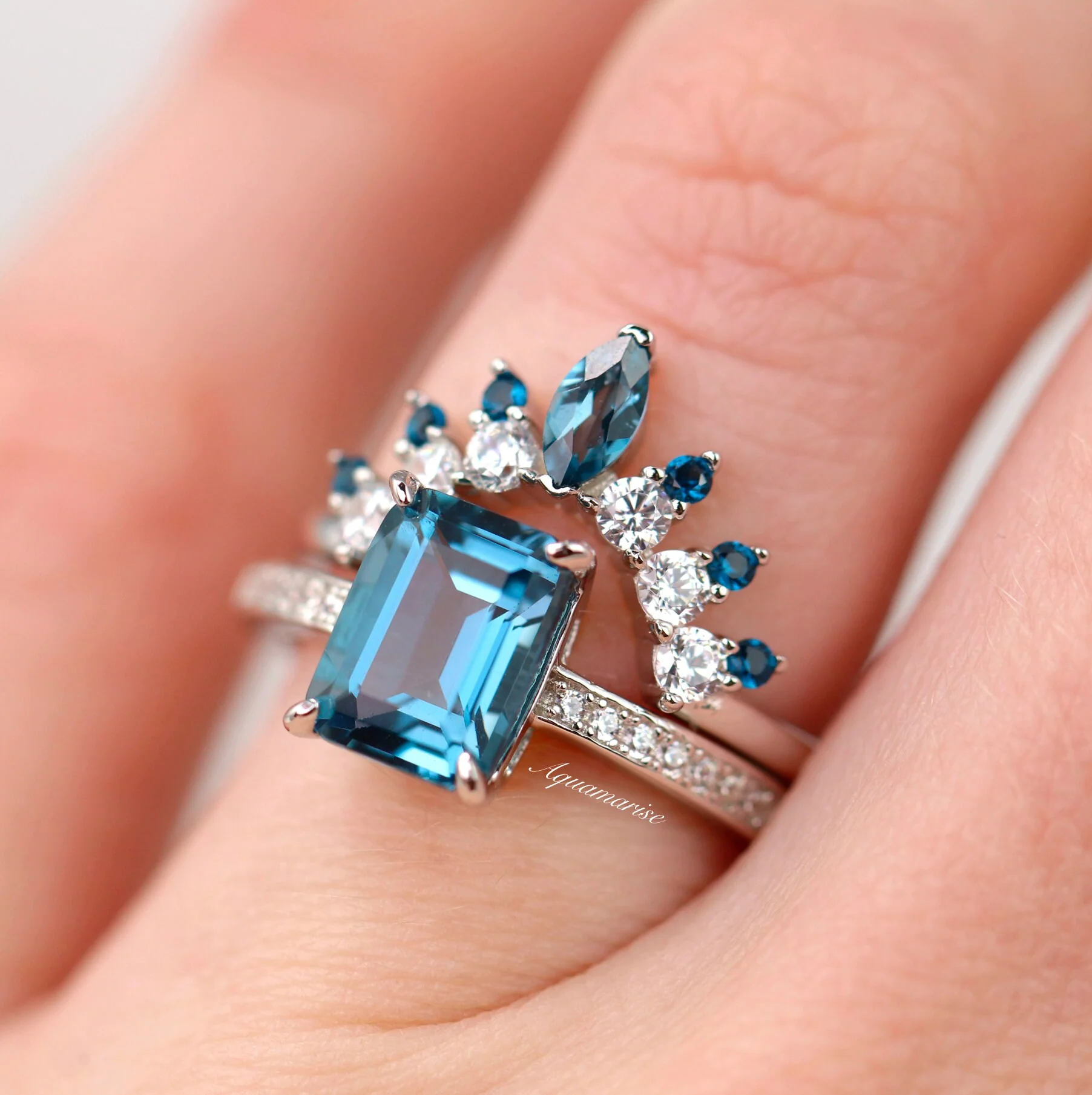 Emerald Cut Natural London Blue Topaz Ring in Sterling Silver - Image 2