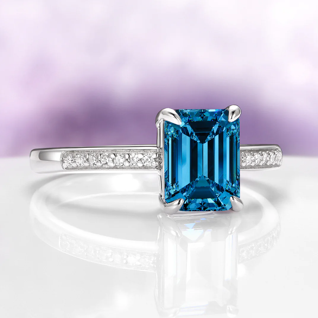 Emerald Cut Natural London Blue Topaz Ring in Sterling Silver - Image 4