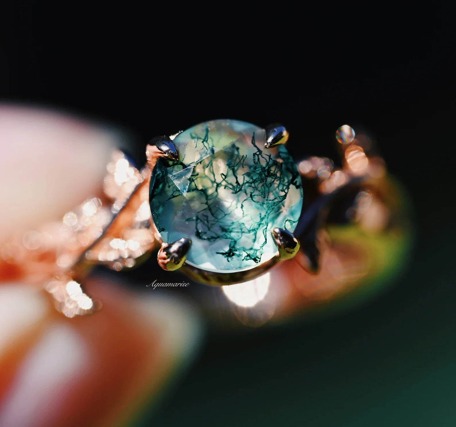 Moss Agate Leaf Ring in 14K Rose Gold Vermeil - Image 4