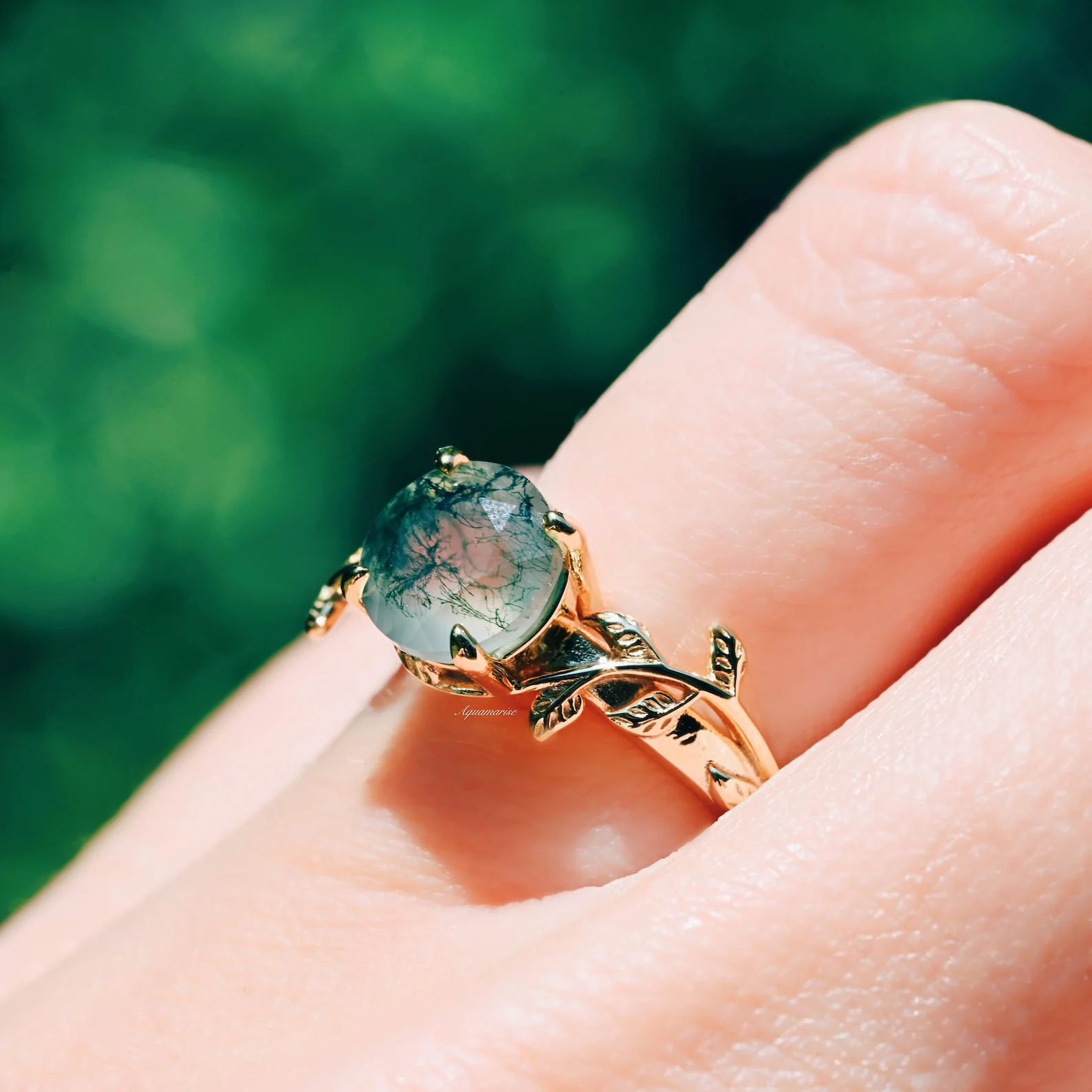Moss Agate Leaf Ring in 14K Yellow Gold Vermeil - Image 2