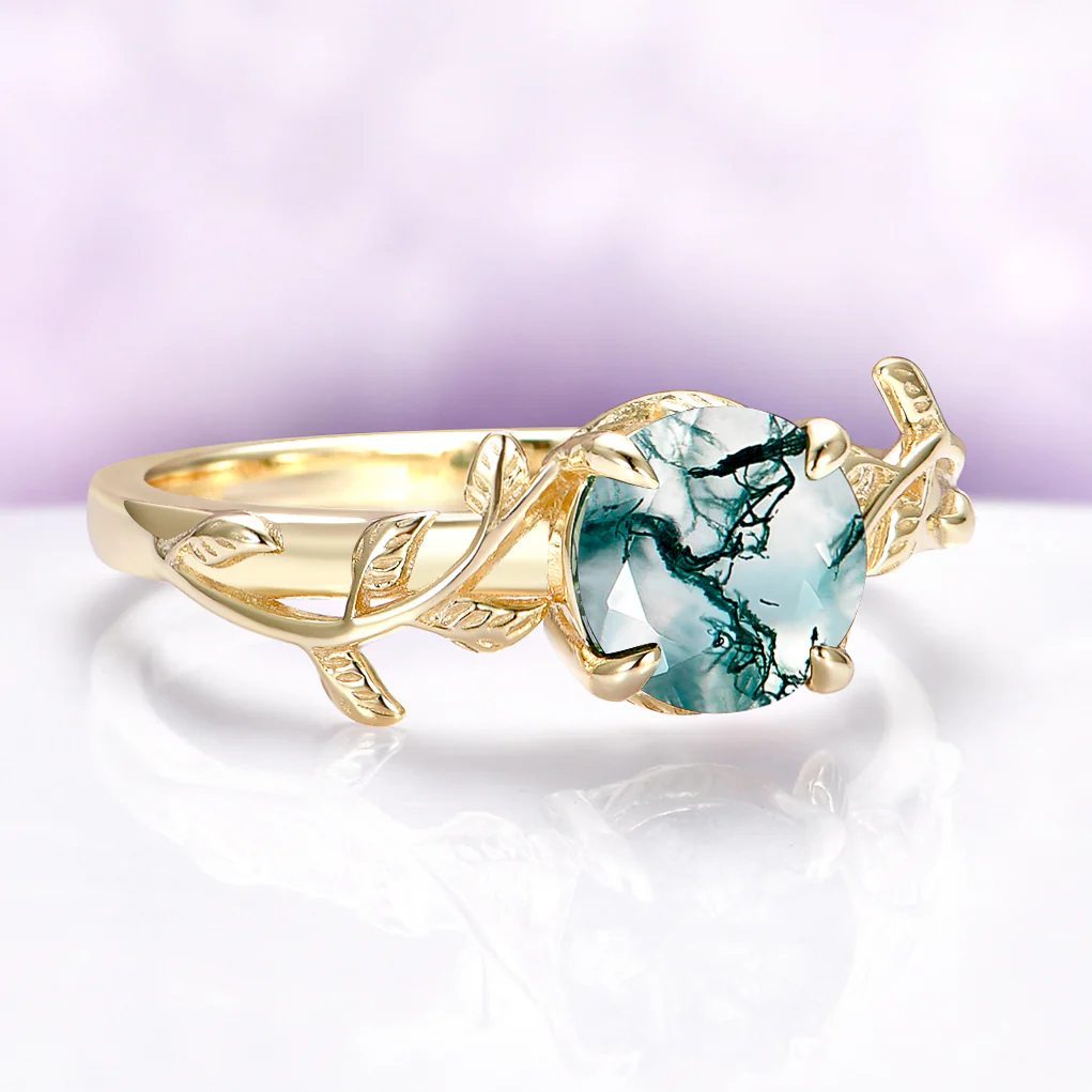 Moss Agate Leaf Ring in 14K Yellow Gold Vermeil - Image 4