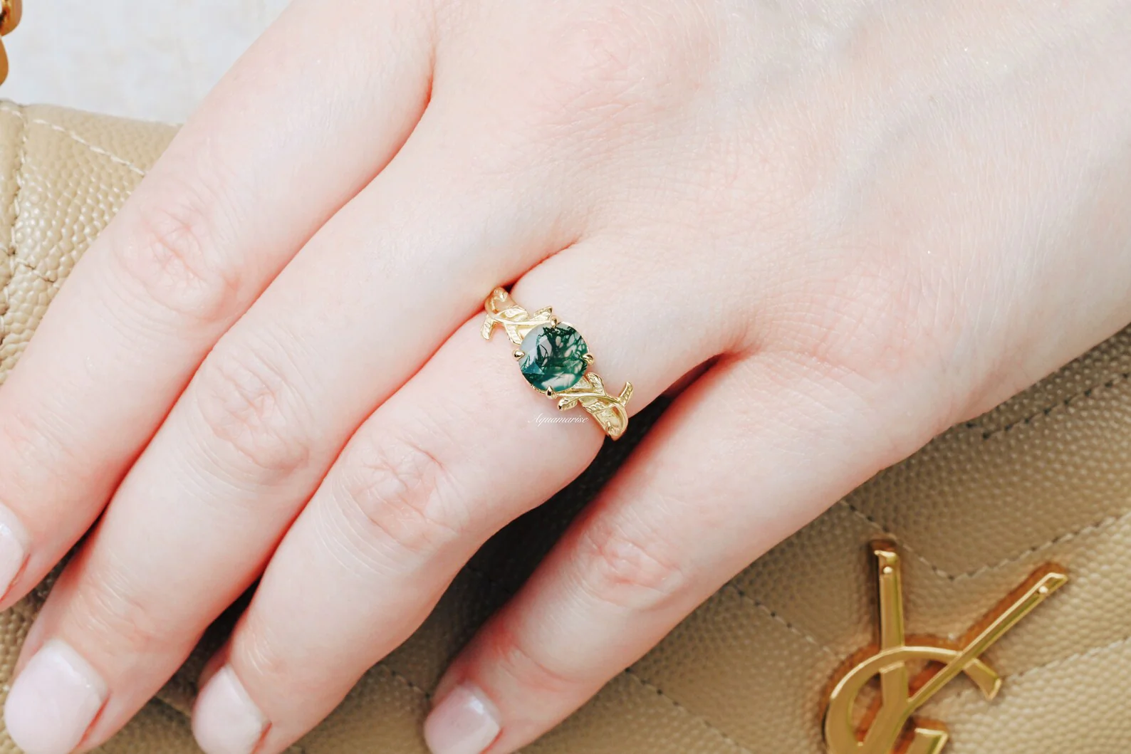 Moss Agate Leaf Ring in 14K Yellow Gold Vermeil - Image 6