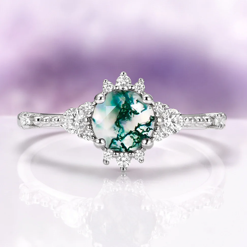 Round Green Moss Agate Ring in Sterling Silver