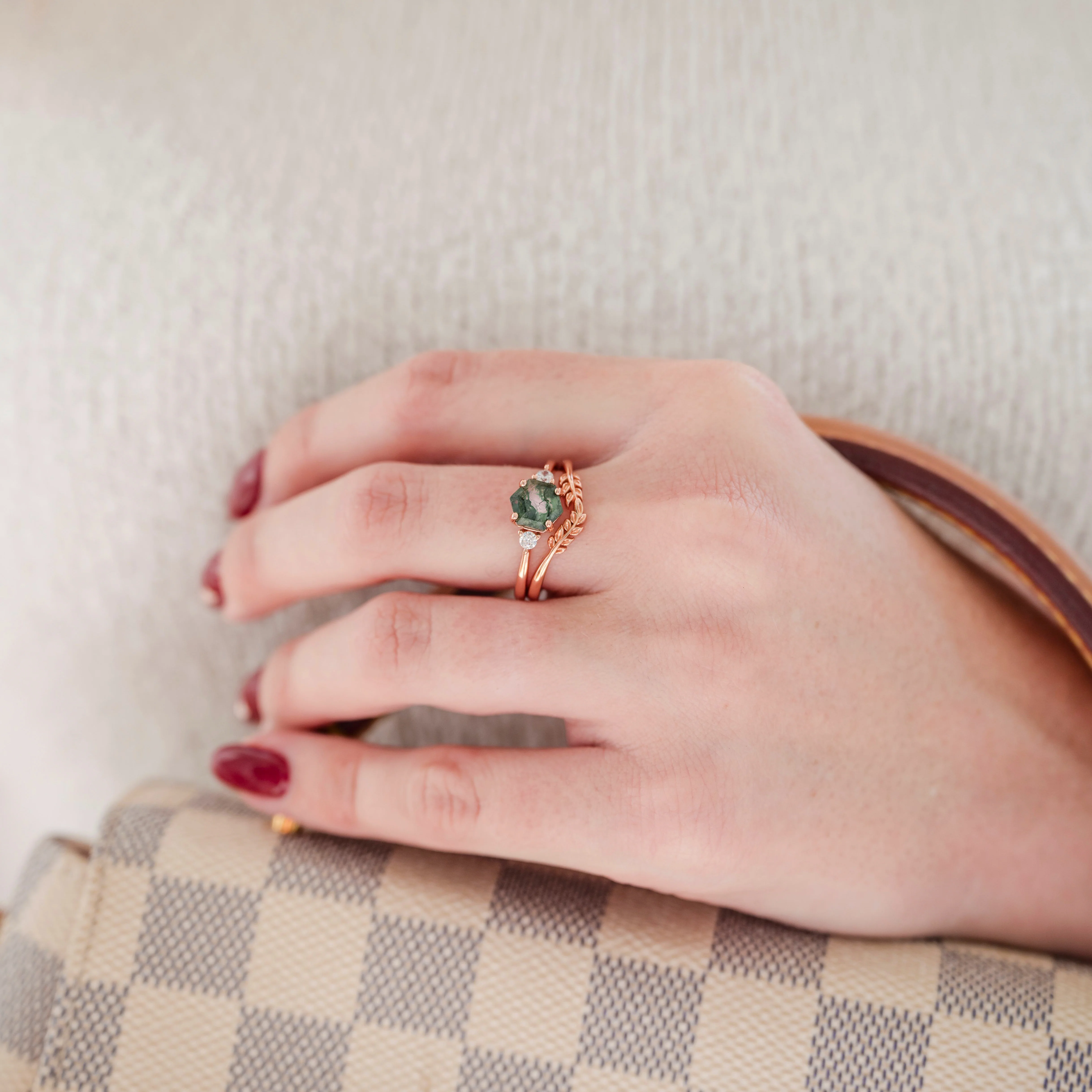 Natural Hexagon Moss Agate Engagement Ring Set- 14K Rose Gold Vermeil - Image 2