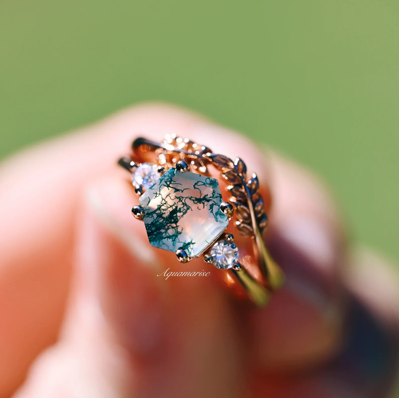 Natural Hexagon Moss Agate Engagement Ring Set- 14K Rose Gold Vermeil - Image 3
