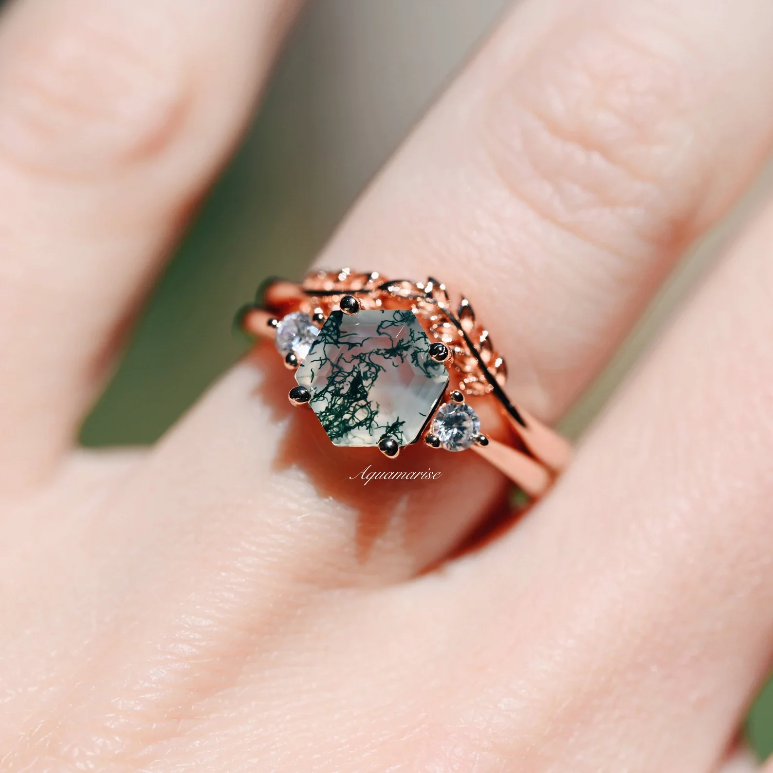 Natural Hexagon Moss Agate Engagement Ring Set- 14K Rose Gold Vermeil - Image 5