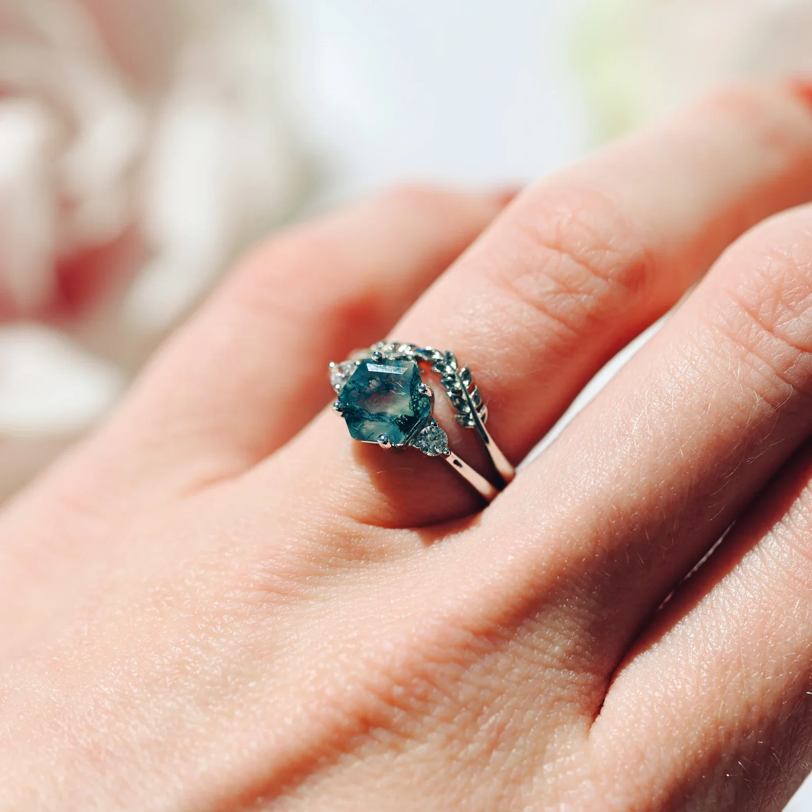 Hexagon Moss Agate Fairy Ring Set in Sterling Silver - Image 4