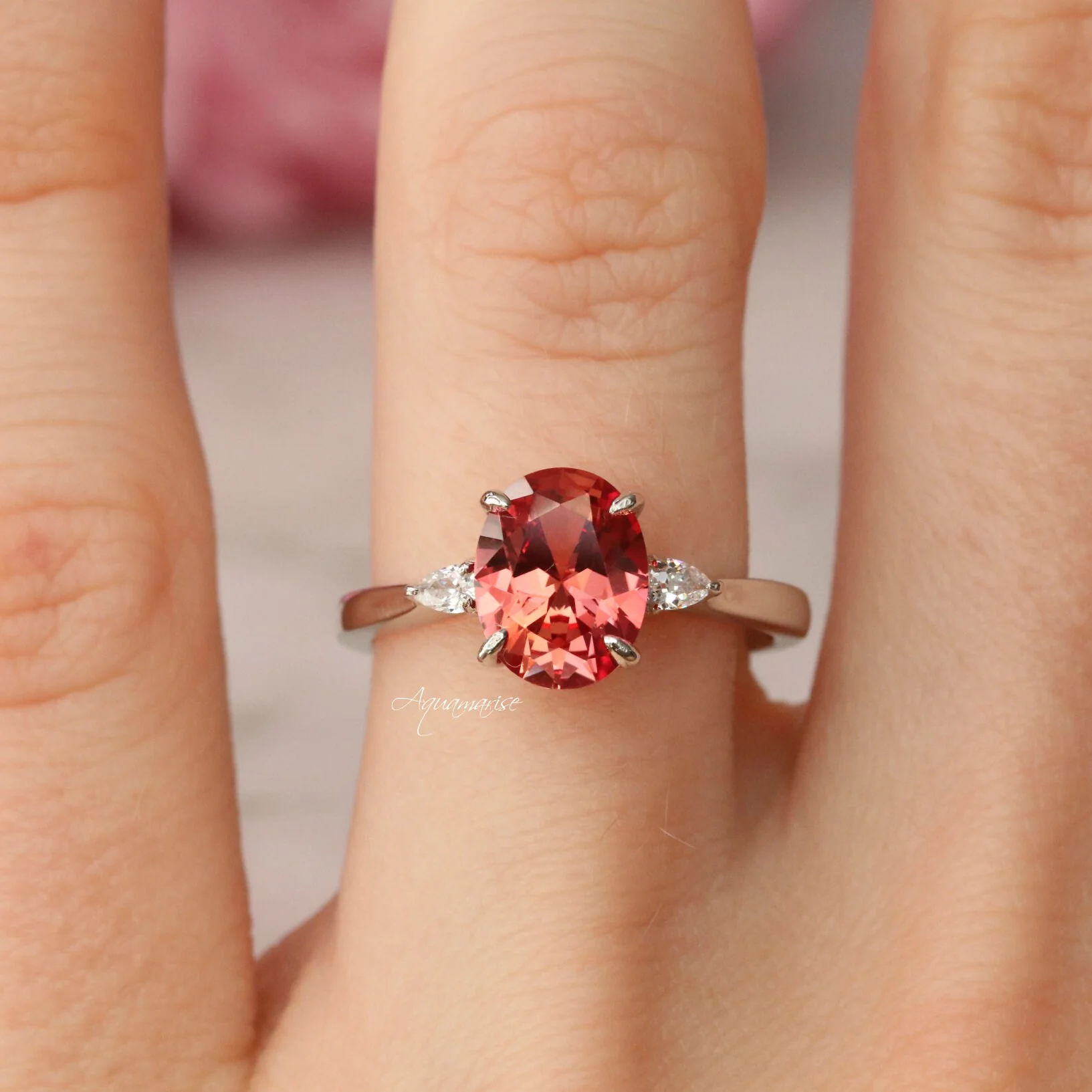 Oval Cut Padparadscha Sapphire Ring in Sterling Silver - Image 3