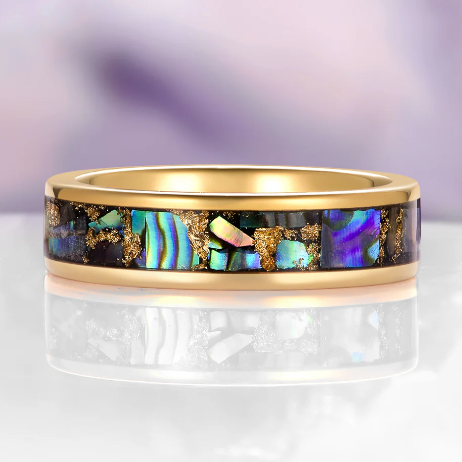 Natural Paula Shell Wedding Band in Yellow Gold Tungsten (6MM)