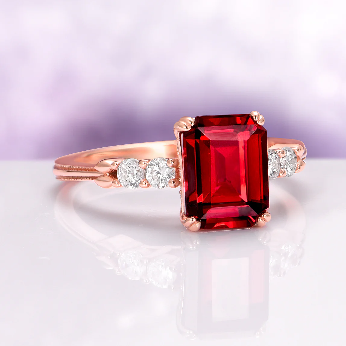 Emerald Cut Red Garnet Engagement Ring in 14K Solid Rose Gold (Hidden Halo) - Image 4