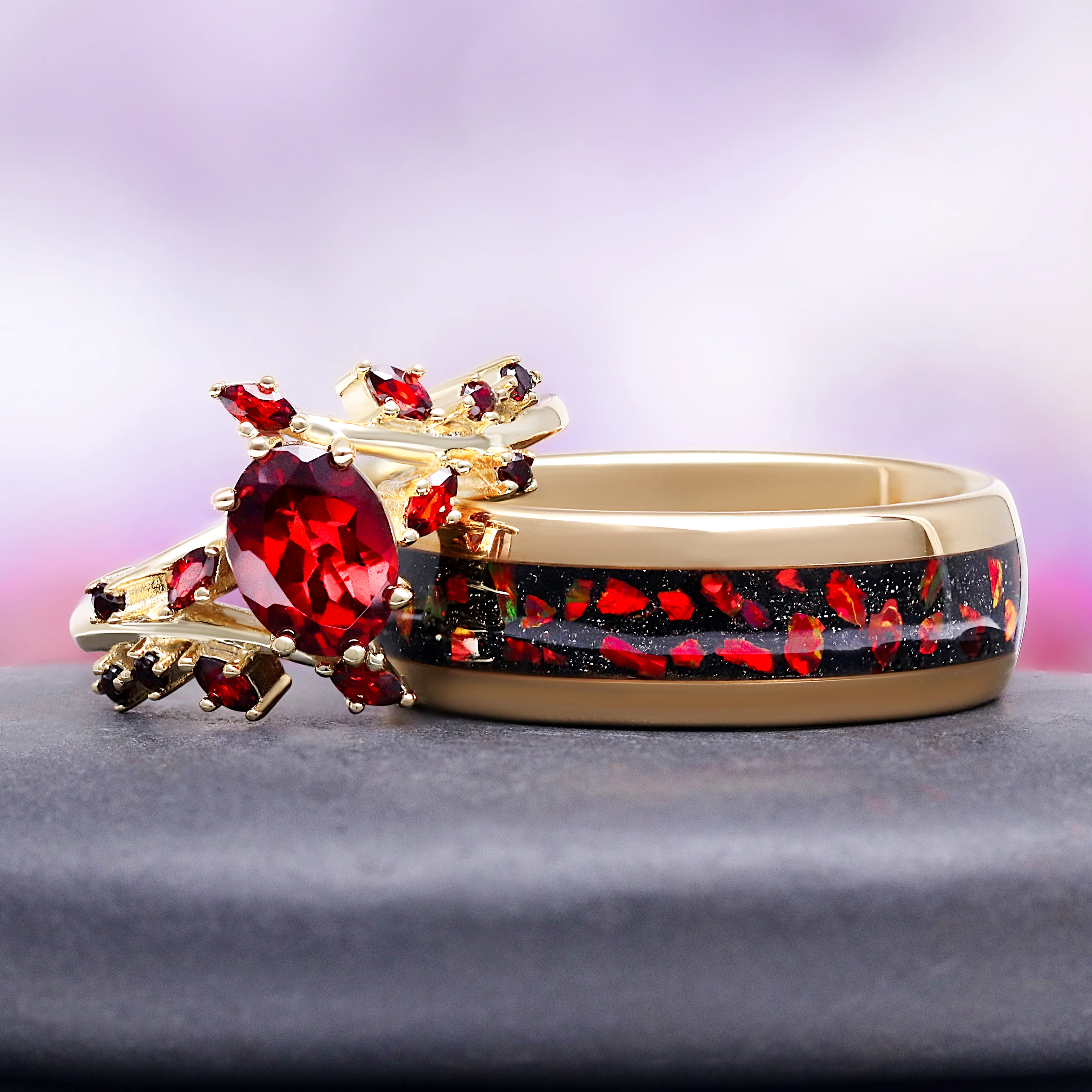 Natural Red Garnet Leaf Engagement Ring in 14K Solid Yellow Gold - Image 2