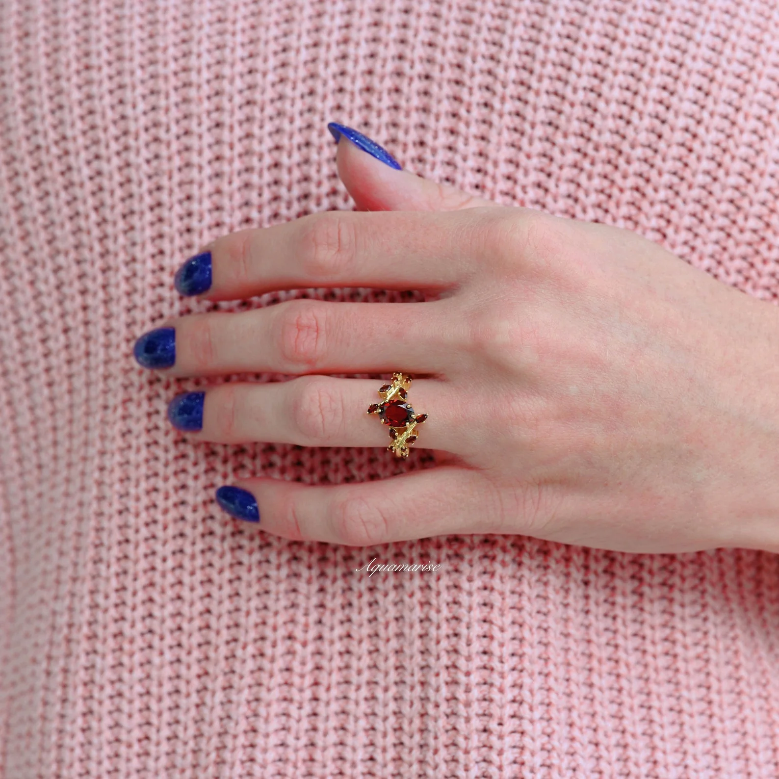 Natural Red Garnet Leaf Engagement Ring in 14K Solid Yellow Gold - Image 4