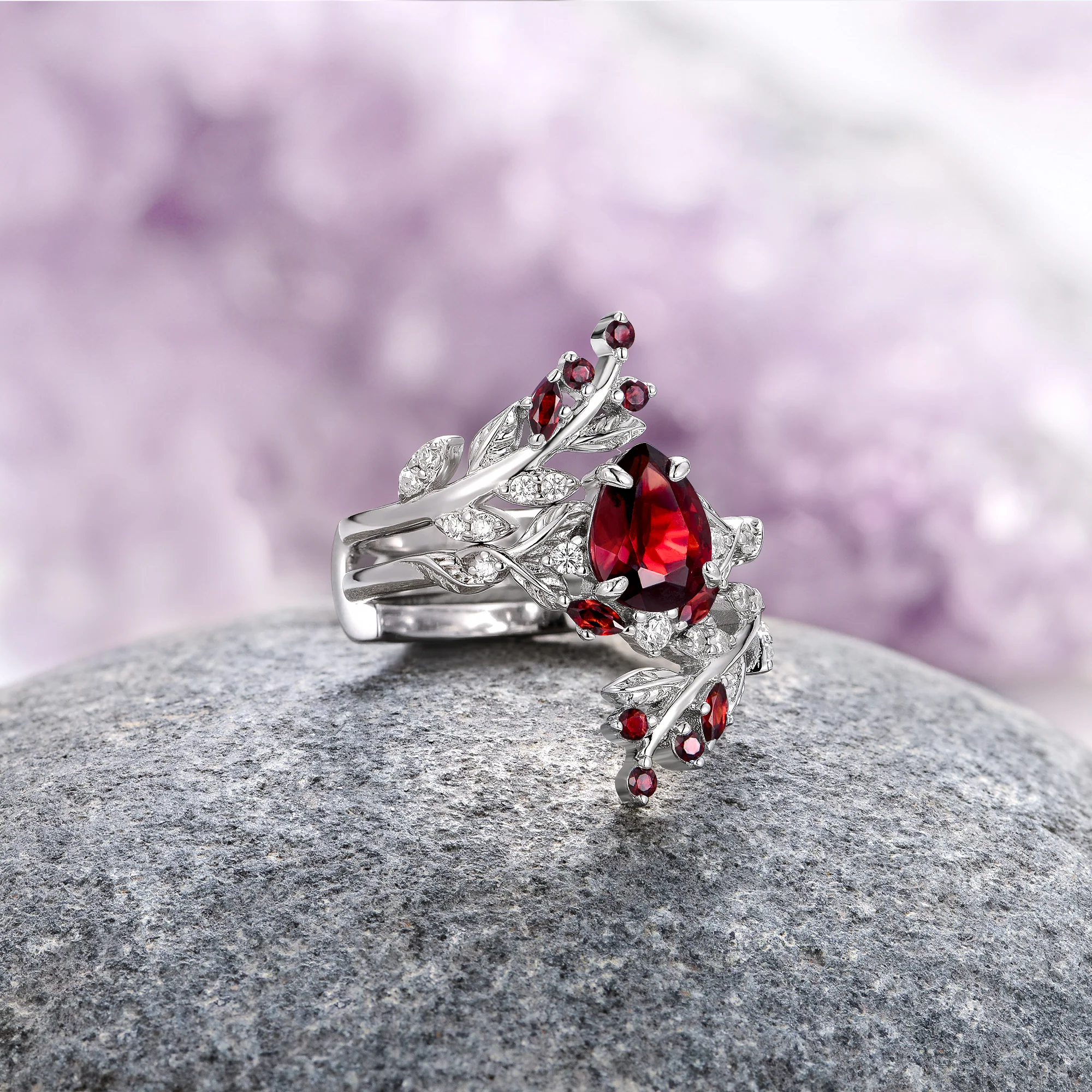 Wisteria Natural Red Garnet Leaf Couples Ring Set - Image 5