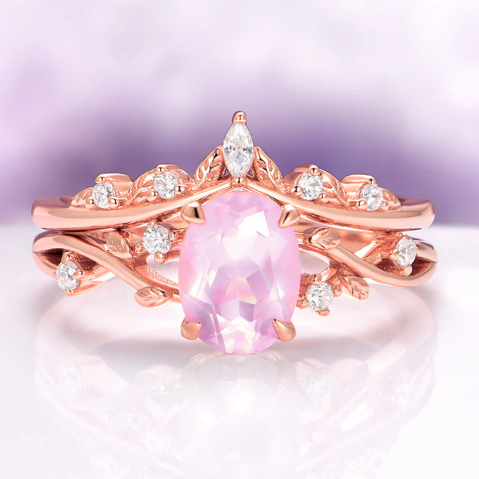 Oval Cut Rose Quartz Leaf Engagement Ring Set in 14K Solid Rose Gold