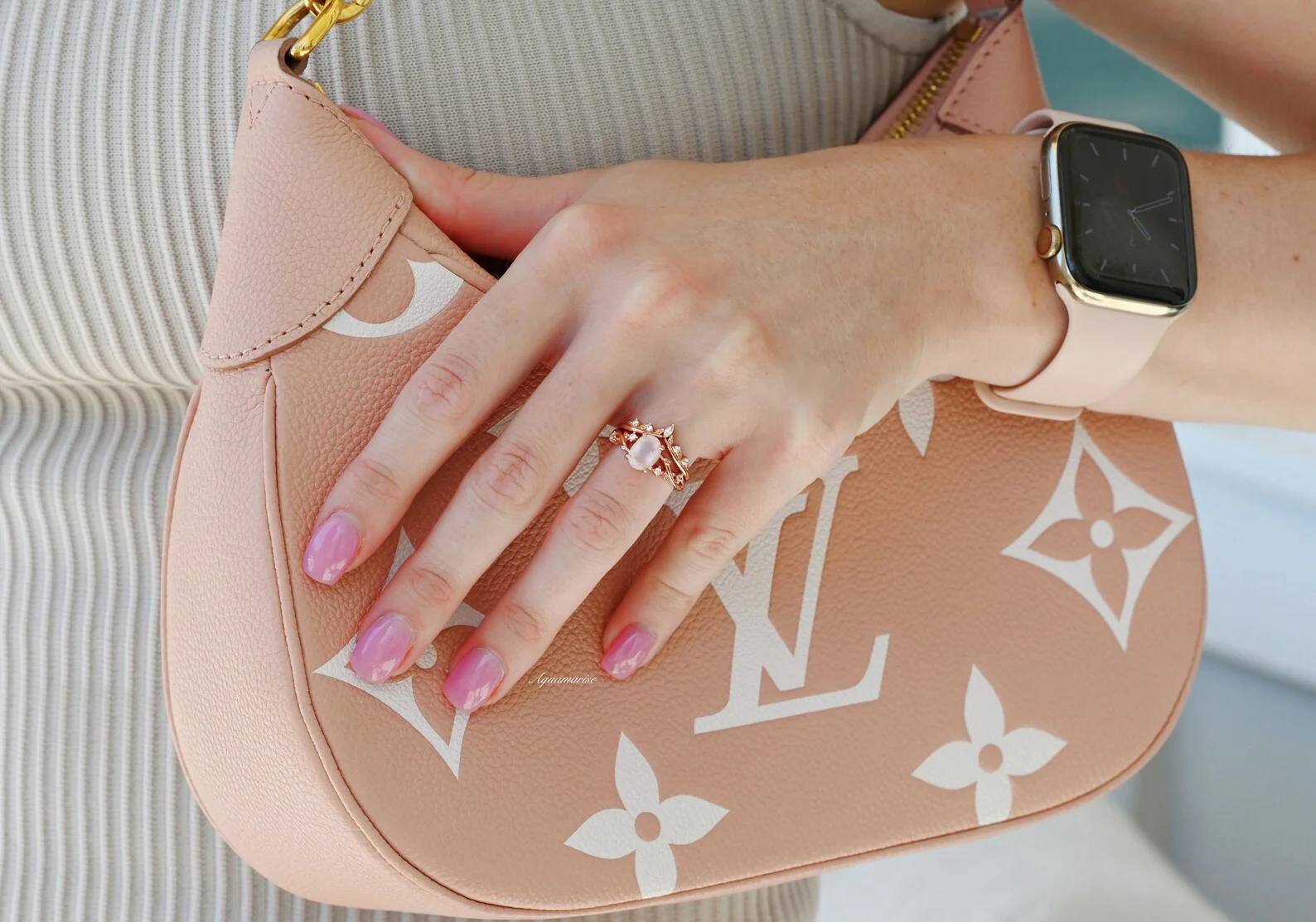 Oval Cut Rose Quartz Leaf Engagement Ring Set in 14K Solid Rose Gold - Image 2