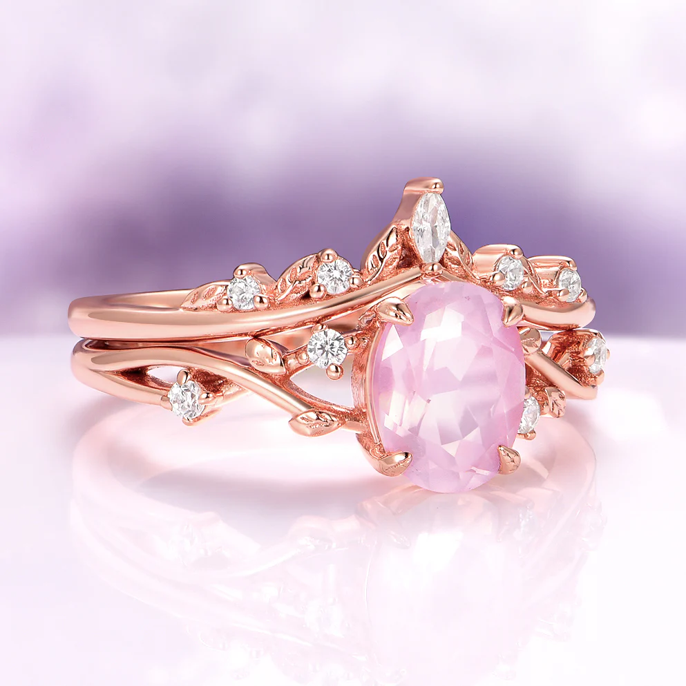 Oval Cut Rose Quartz Leaf Engagement Ring Set in 14K Solid Rose Gold - Image 5
