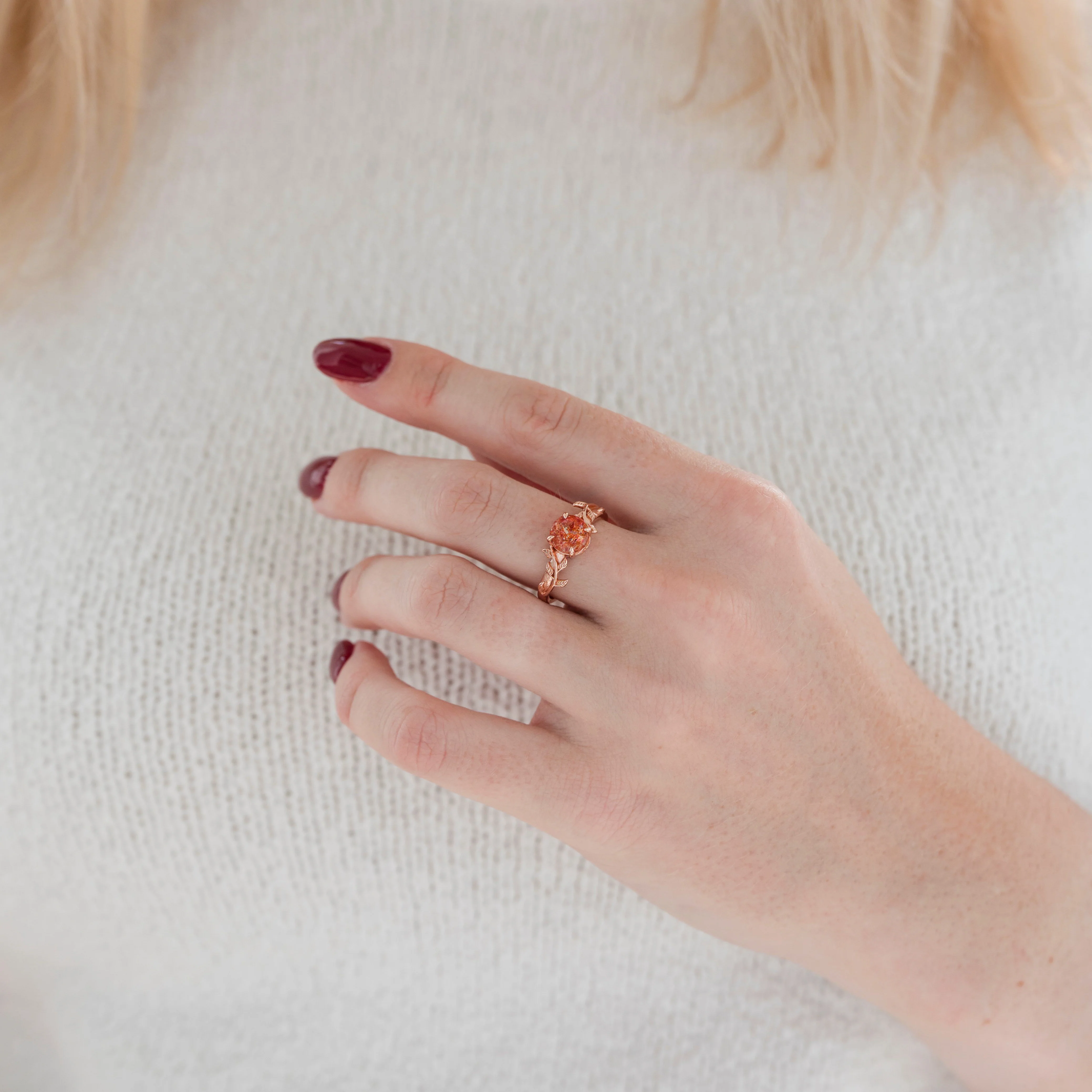 Natural Sunstone Leaf Ring in 14K Rose Gold Vermeil - Image 2