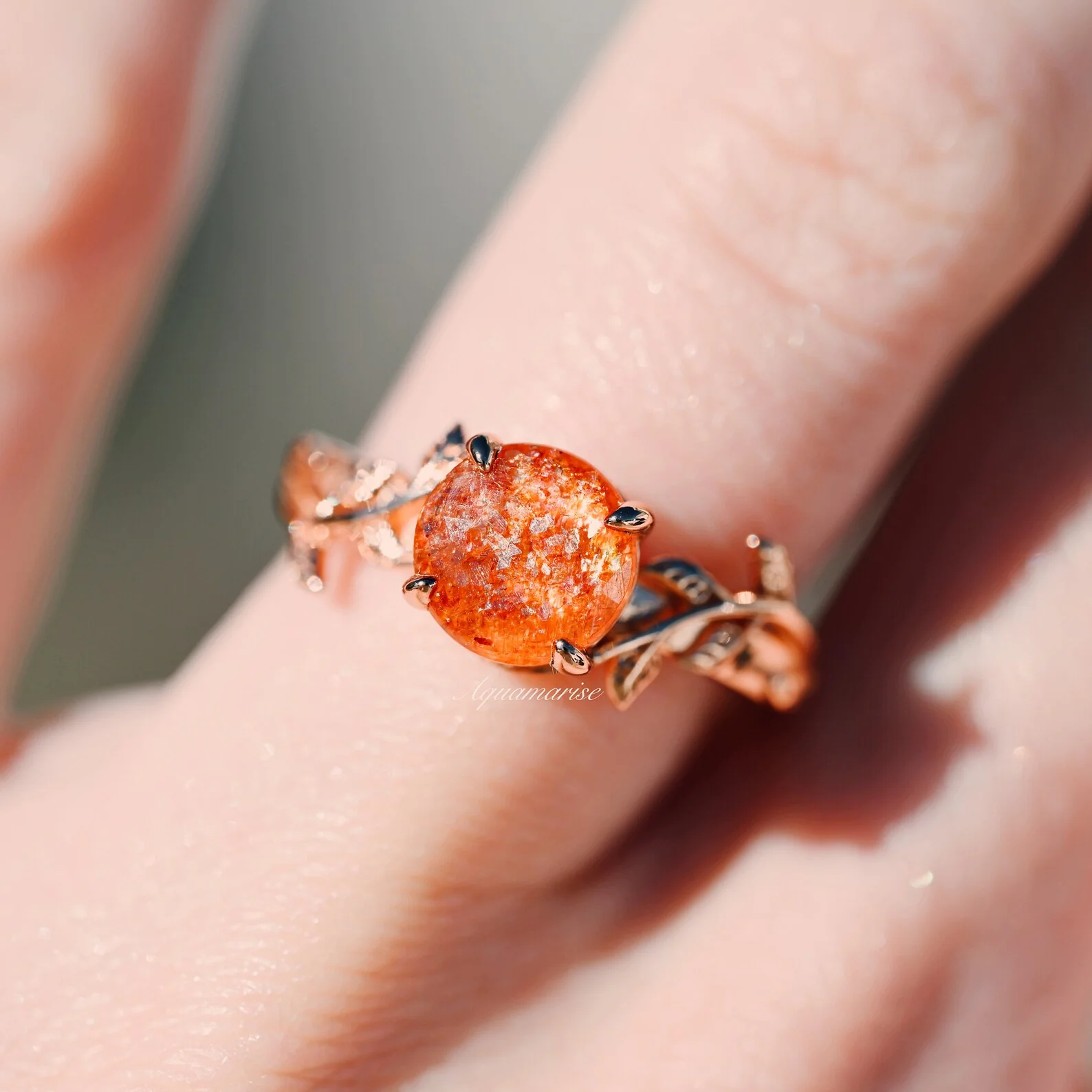 Natural Sunstone Leaf Ring in 14K Rose Gold Vermeil - Image 4
