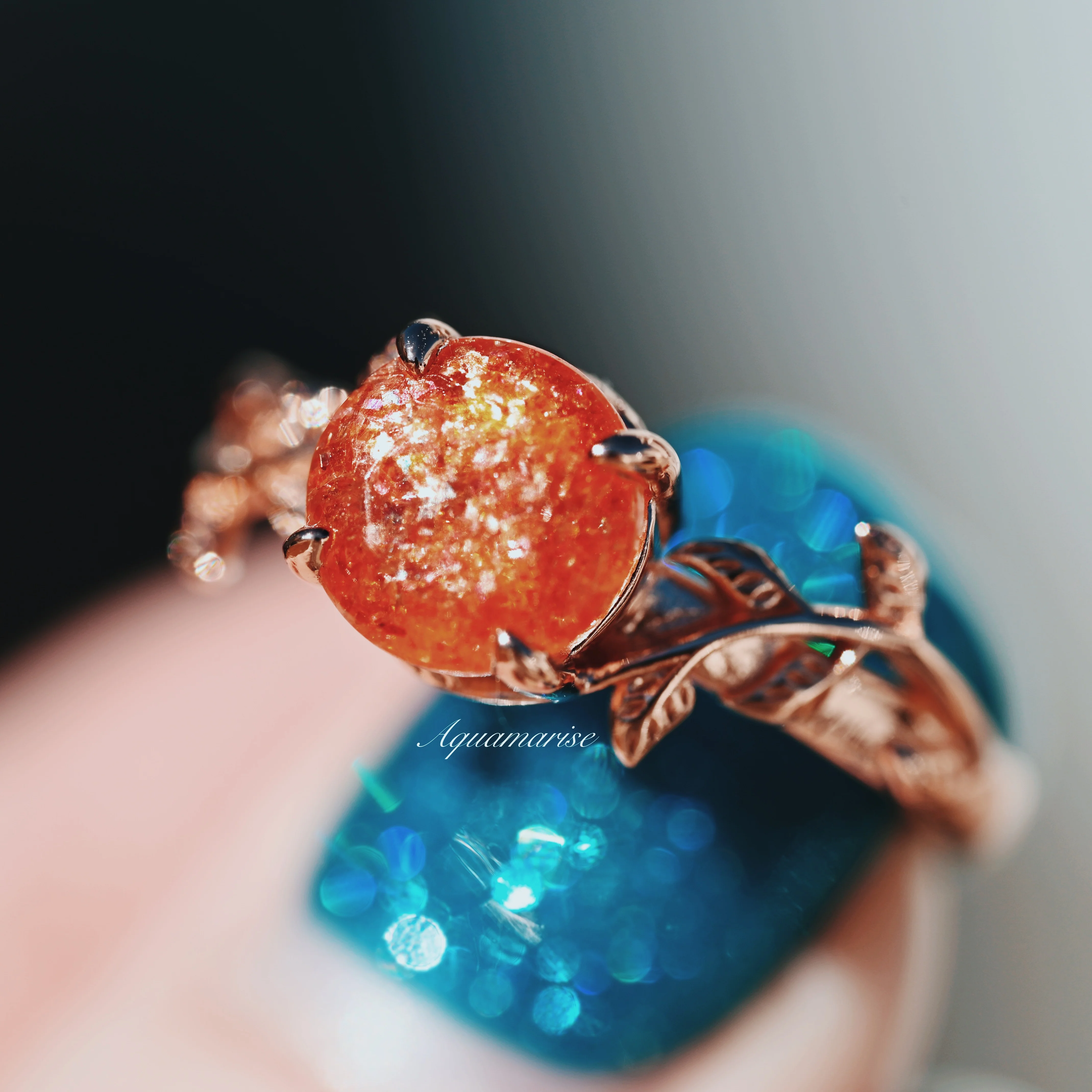 Natural Sunstone Leaf Ring in 14K Rose Gold Vermeil - Image 6