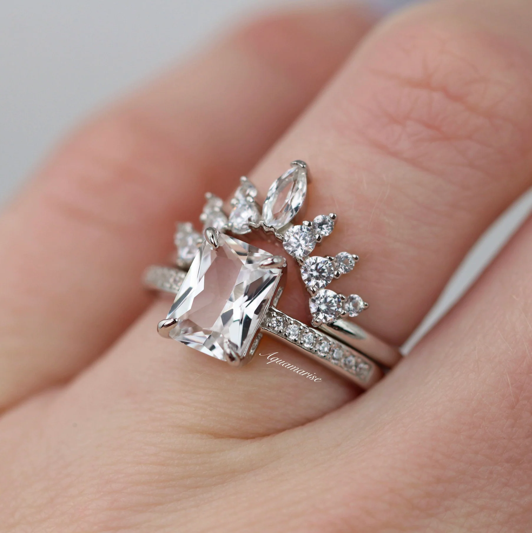 Ava Emerald Cut White Sapphire Engagement Ring in Sterling Silver - Image 3