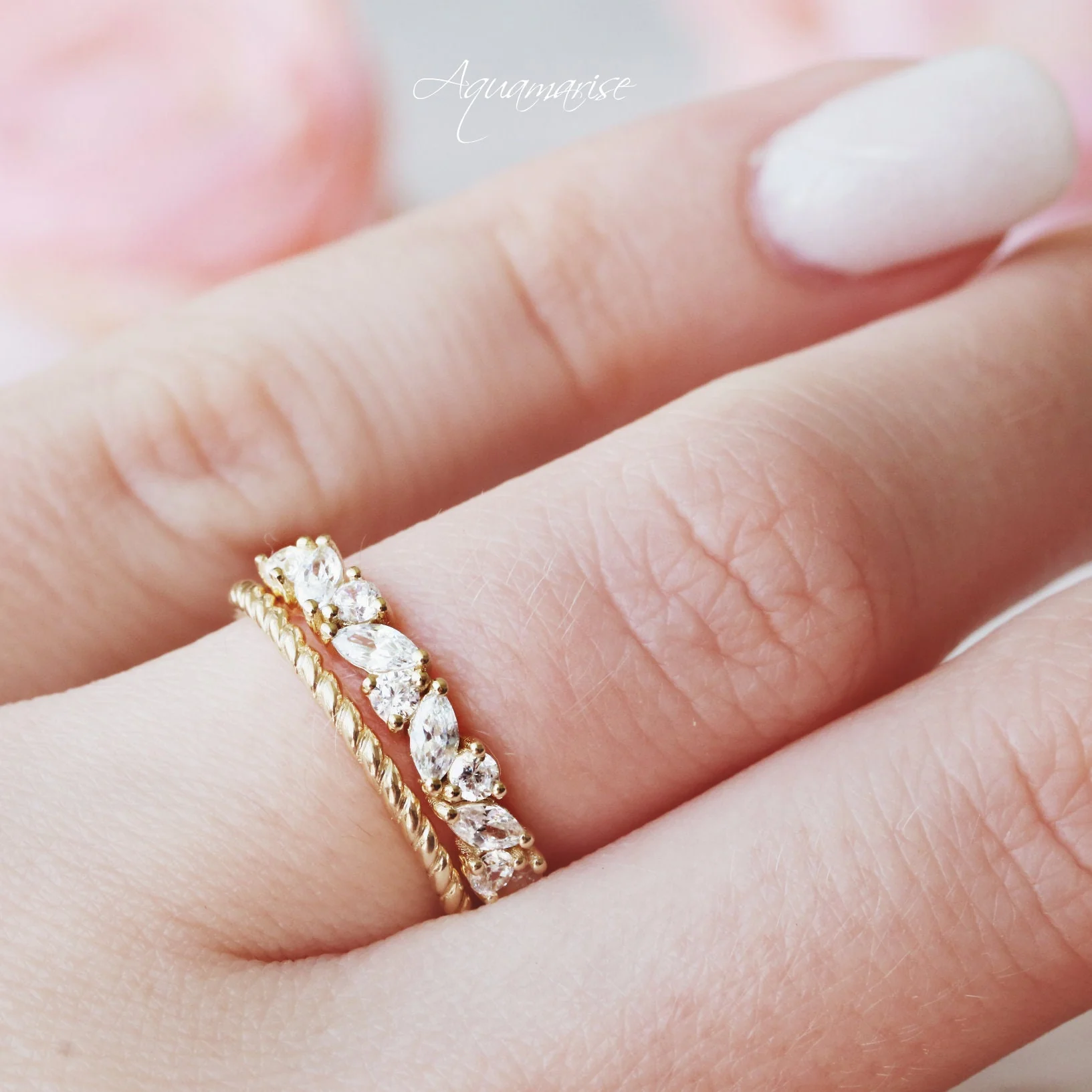 Willow White Sapphire Stacking Ring Set- 14K Yellow Gold Vermeil - Image 3