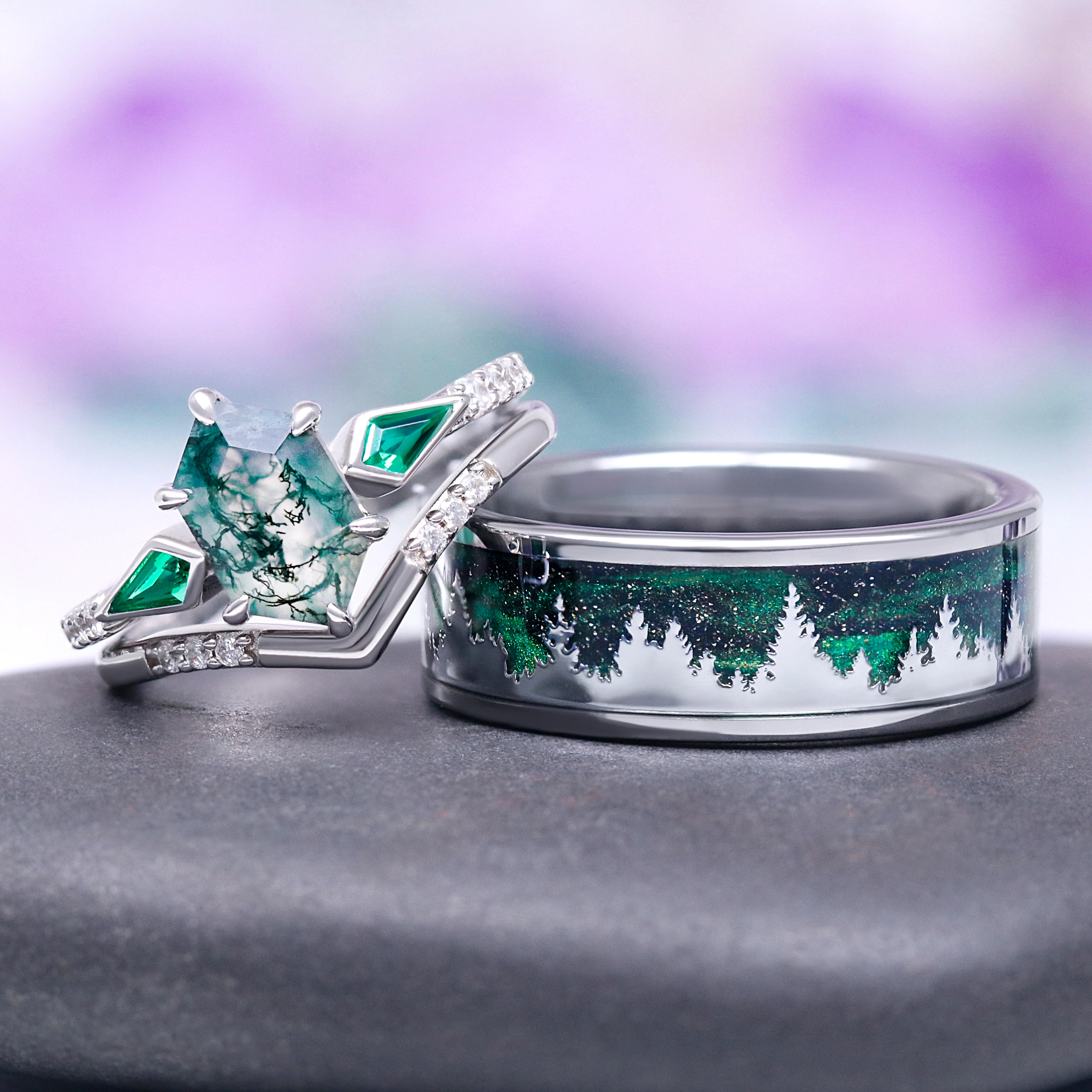 Celtic Green Moss Agate and Emerald Engagement Ring Set in 14K White Gold - Image 2