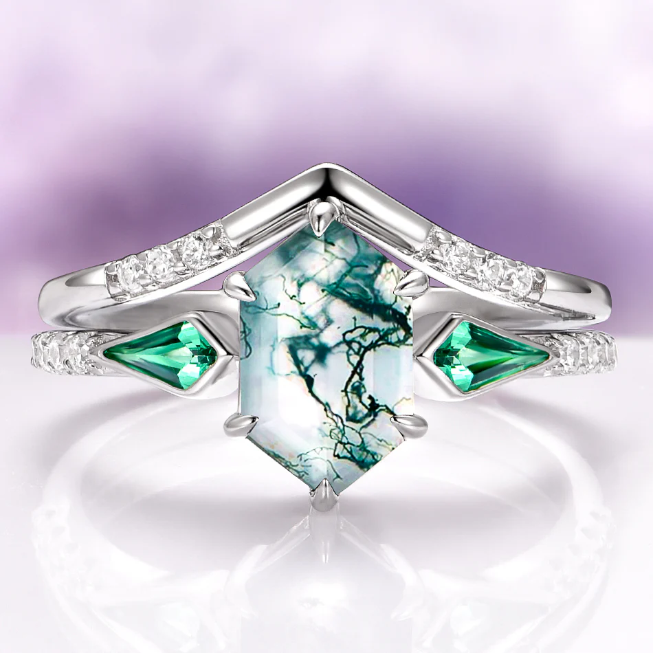 Celtic Green Moss Agate and Emerald Engagement Ring Set in 14K White Gold