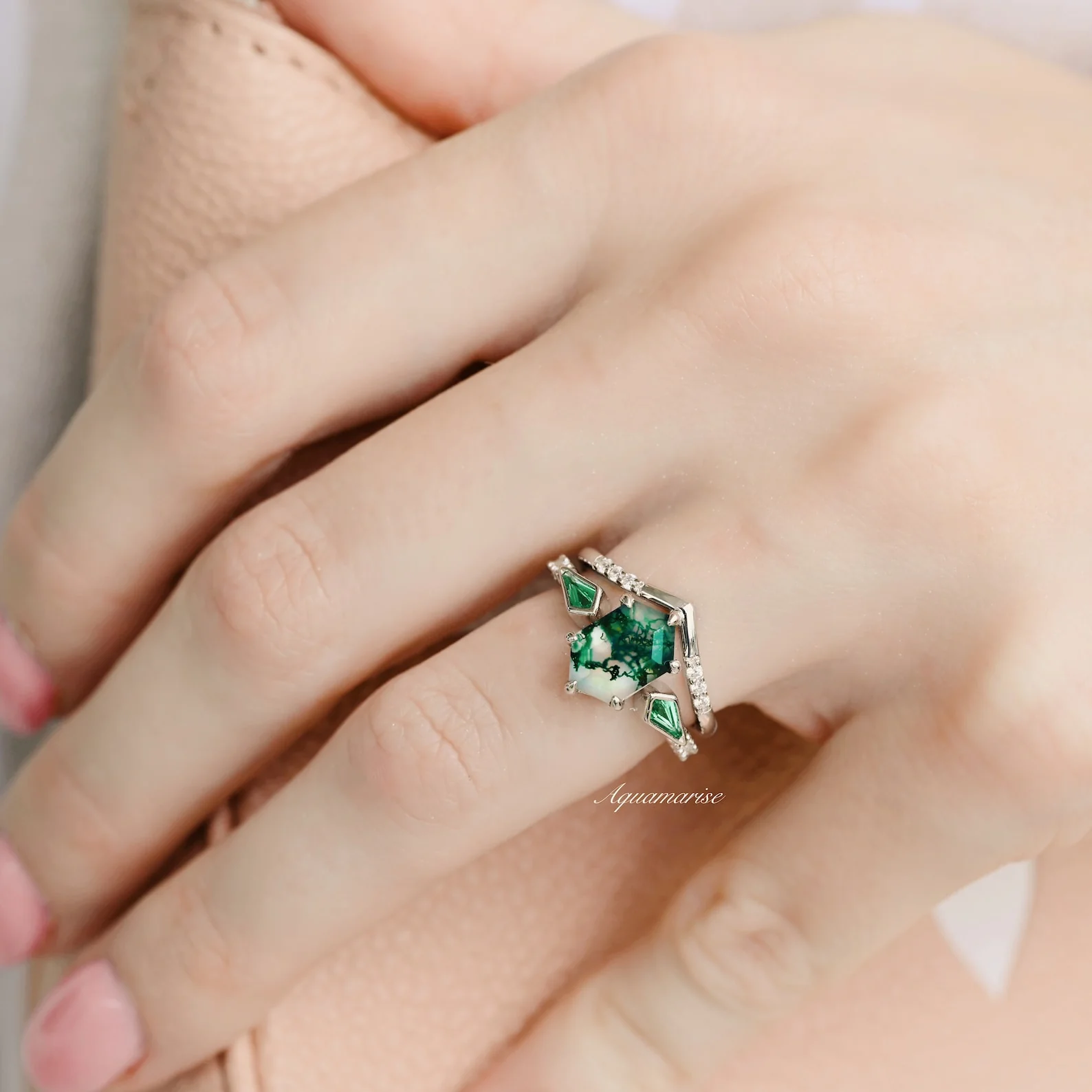 Celtic Green Moss Agate and Emerald Engagement Ring Set in 14K White Gold - Image 3