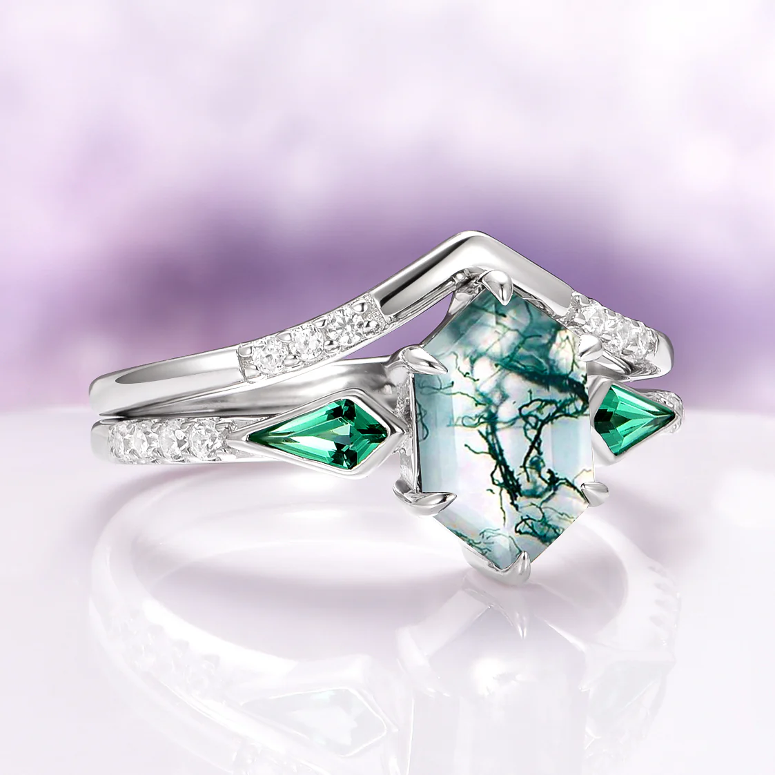Celtic Green Moss Agate and Emerald Engagement Ring Set in 14K White Gold - Image 5
