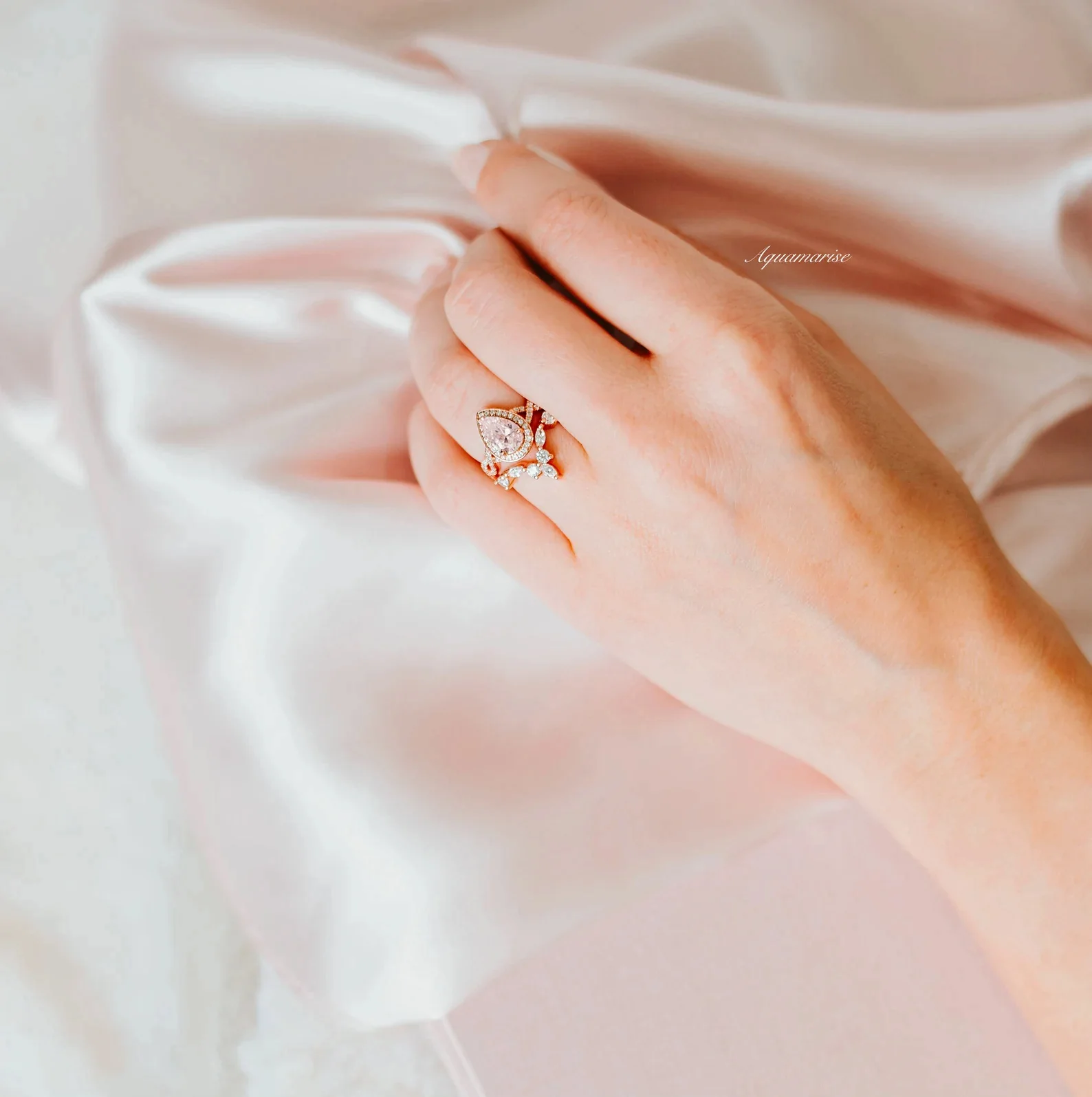 Teardrop Morganite Ring Set in 14K Rose Gold Vermeil - Image 4