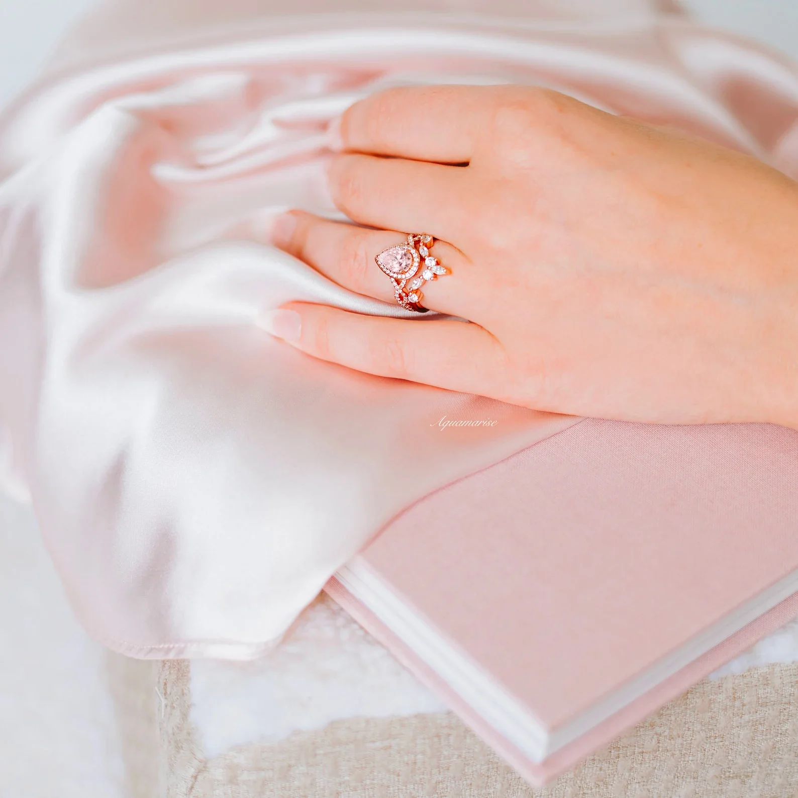 Teardrop Morganite Ring Set in 14K Rose Gold Vermeil - Image 5