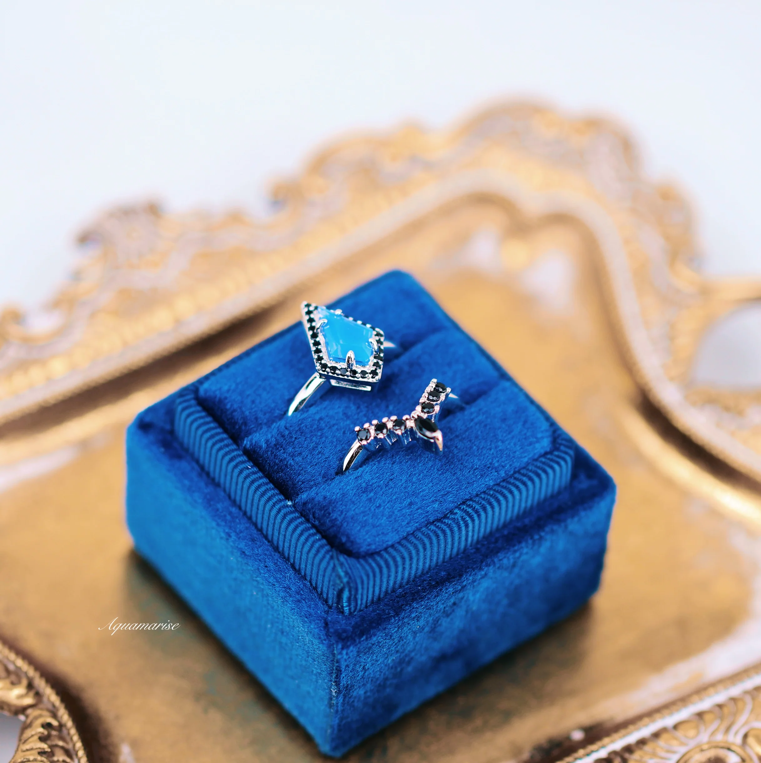 Opalescent Blue Sapphire & Black Onyx Ring Set- Sterling Silver - Image 3