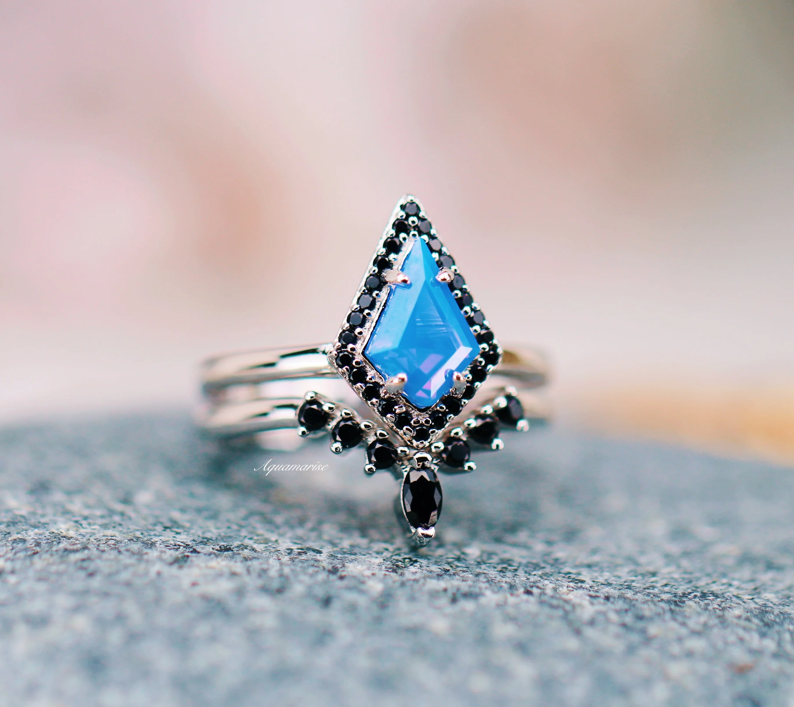 Opalescent Blue Sapphire & Black Onyx Ring Set- Sterling Silver - Image 5