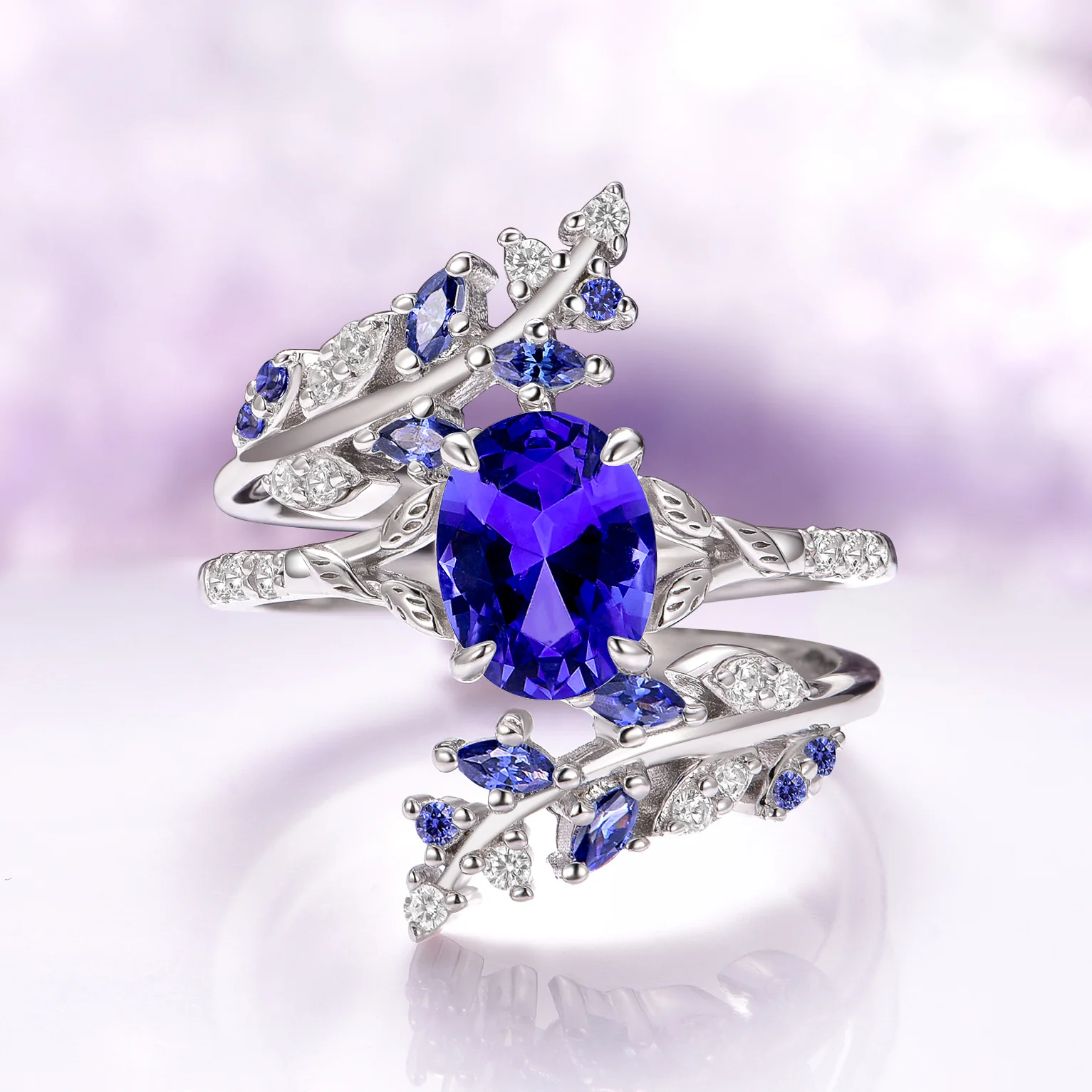 Orion Nebula™ & Cornflower Sapphire Leaf Couples Ring Set - Image 4