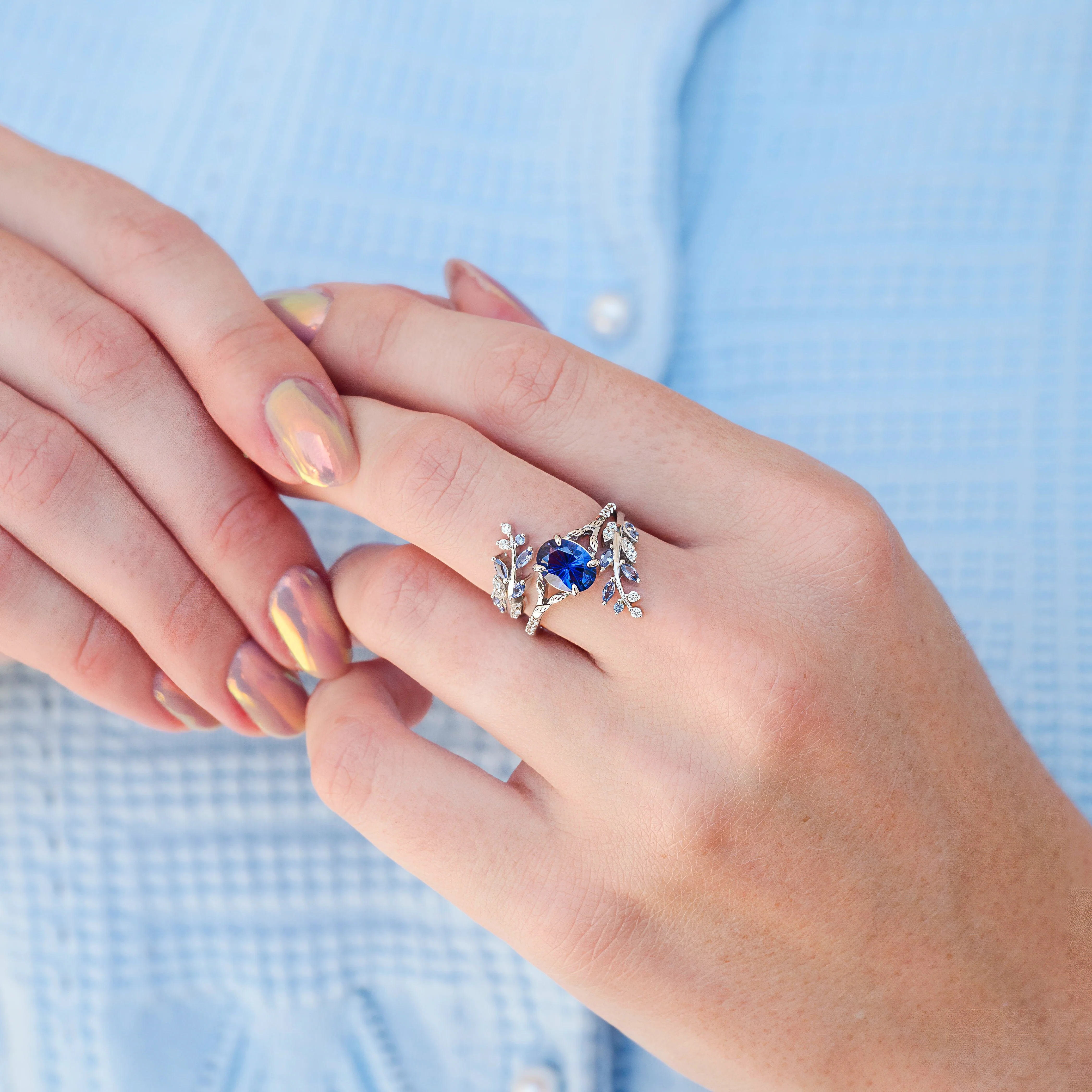 Orion Nebula™ & Cornflower Sapphire Leaf Couples Ring Set - Image 5