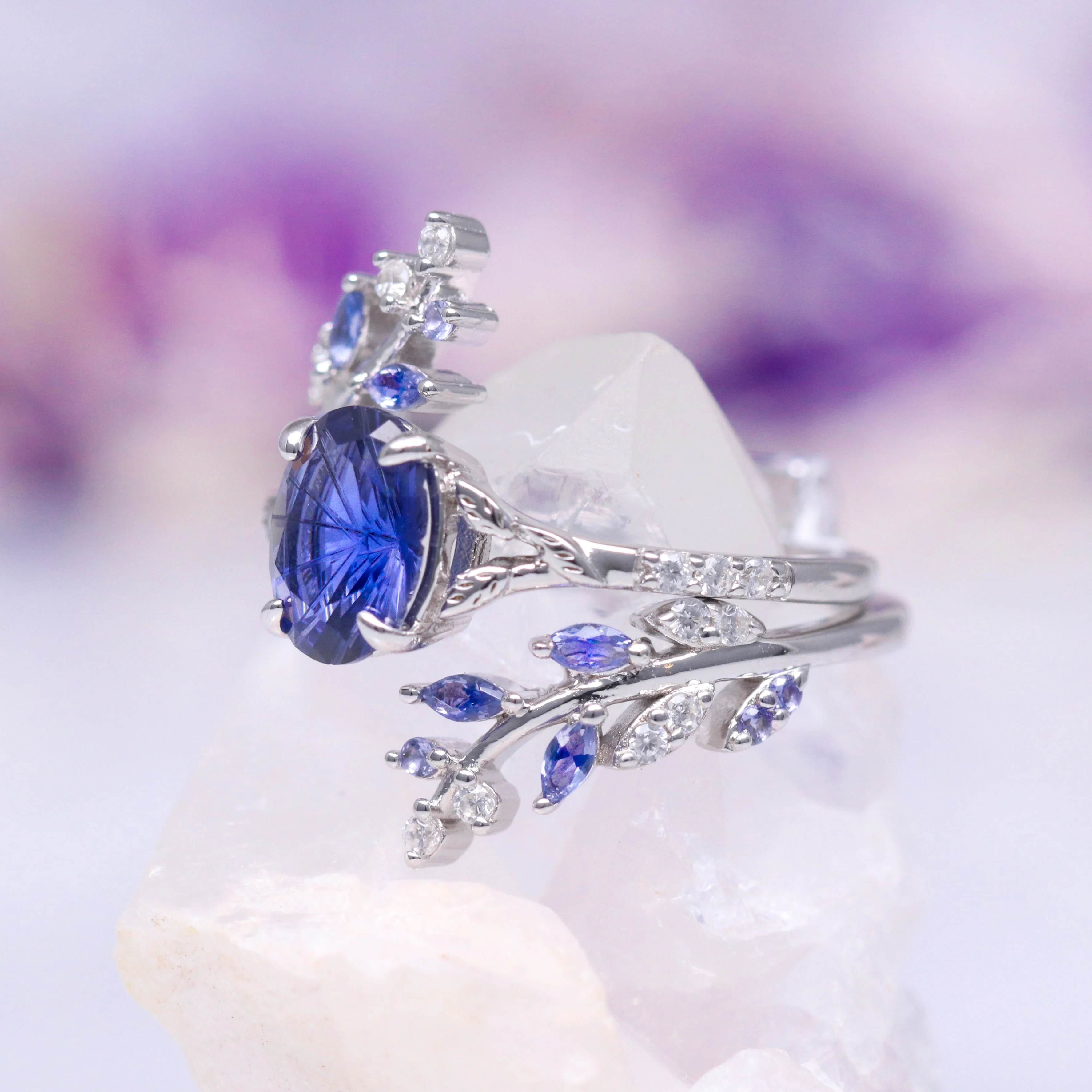 Orion Nebula™ & Cornflower Sapphire Leaf Couples Ring Set - Image 6
