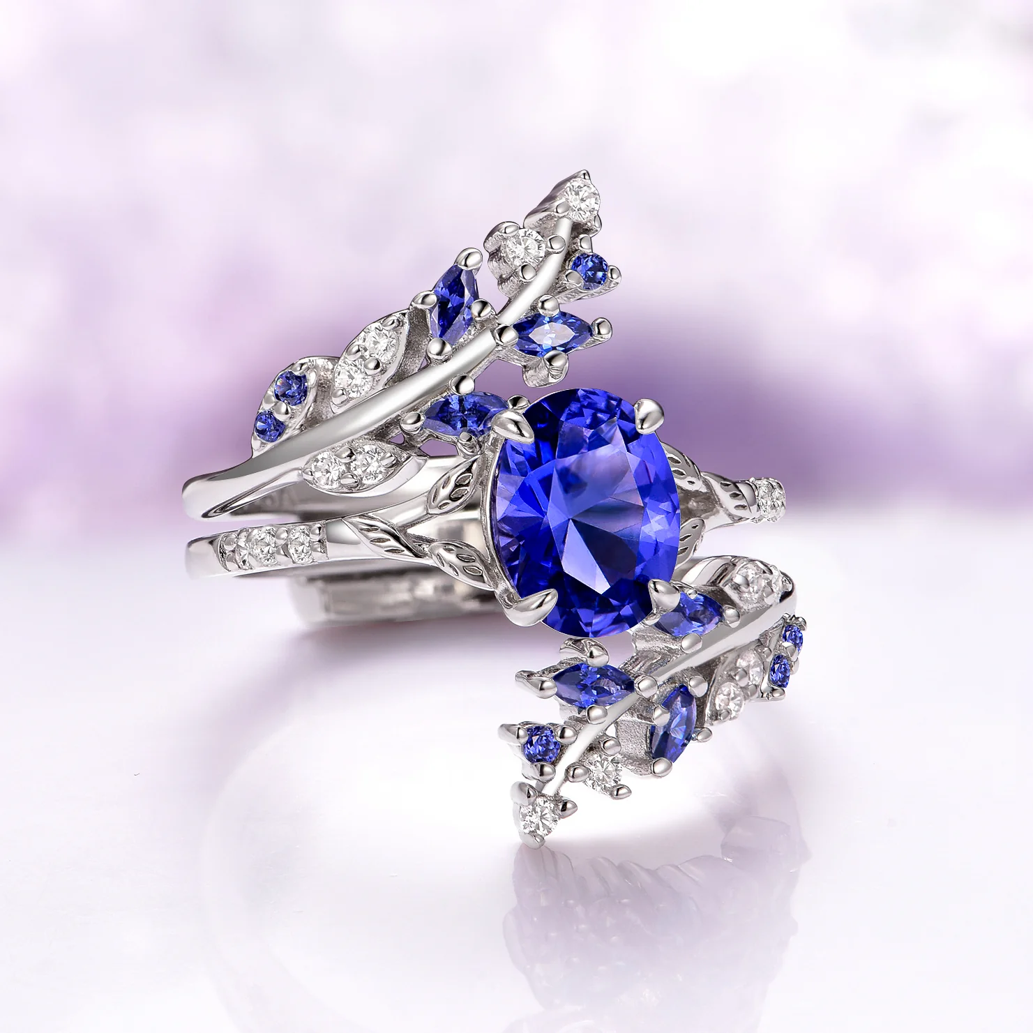 Orion Nebula™ & Cornflower Sapphire Leaf Couples Ring Set - Image 7