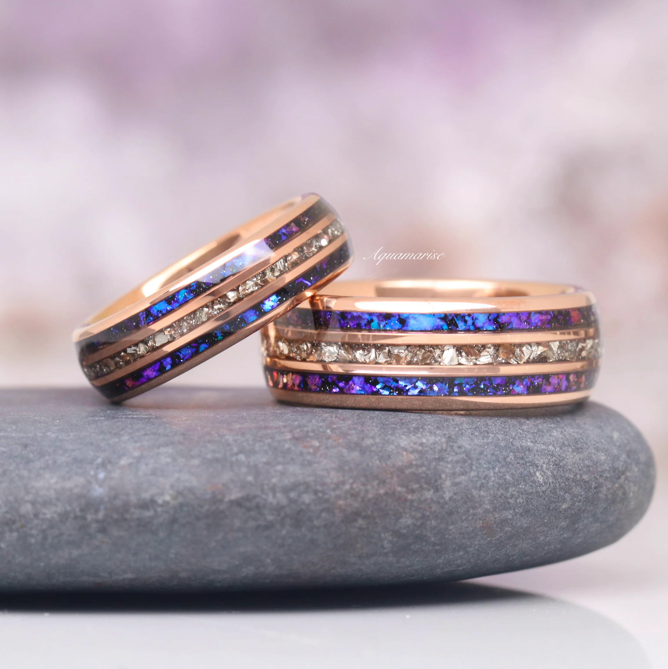 Orion Nebula™ & Crushed Diamond Wedding Band- 6MM Rose Gold Tungsten - Image 3