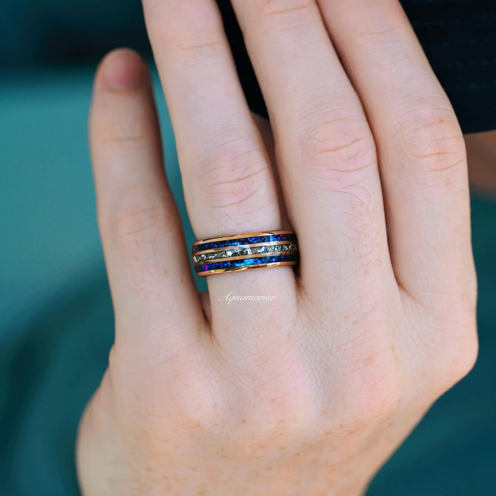 Orion Nebula™ & Crushed Diamond Wedding Band- 6MM Rose Gold Tungsten - Image 5