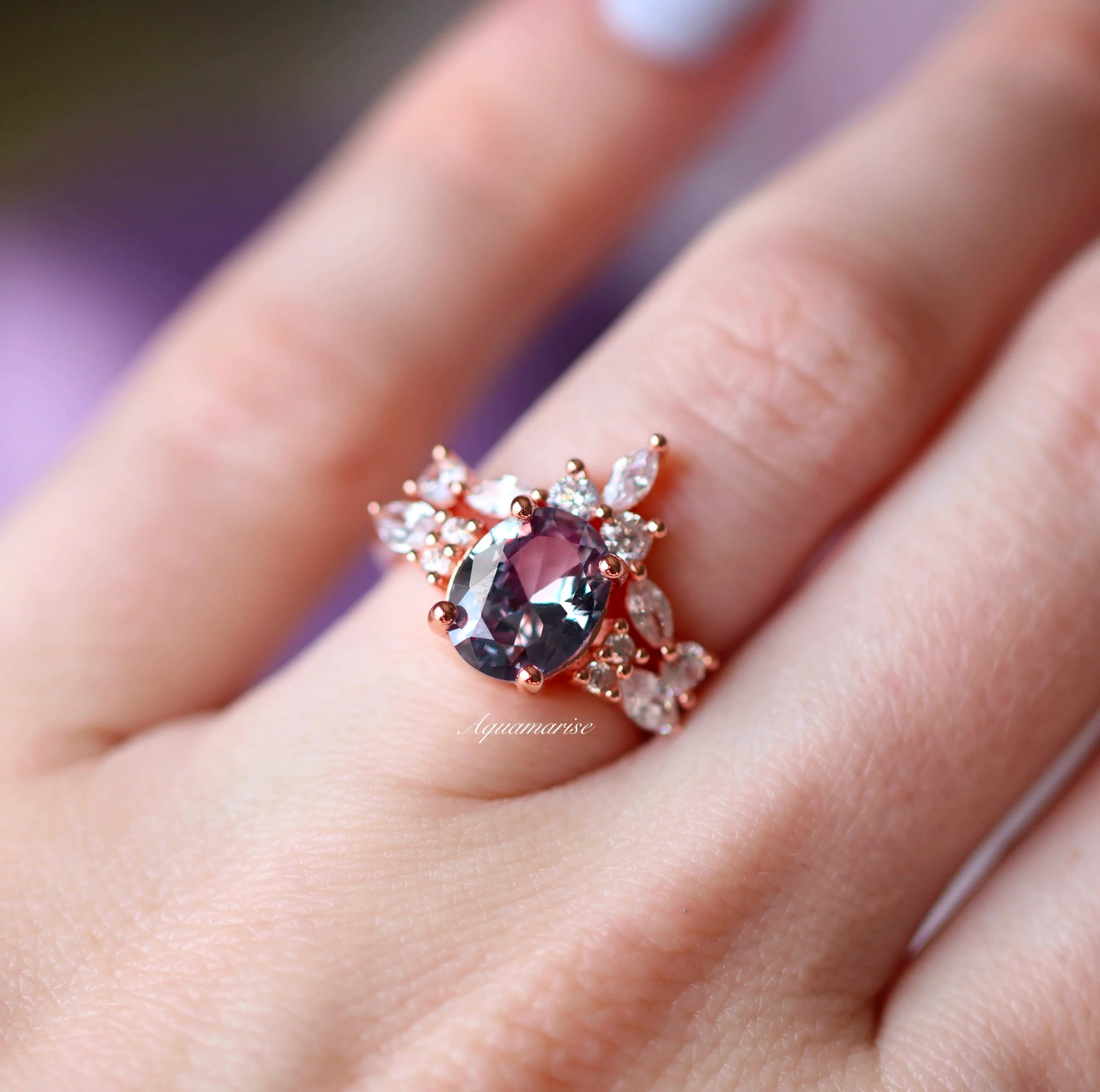 Evelyn Oval Cut Alexandrite Engagement Ring Set in 14K Rose Gold Vermeil - Image 3