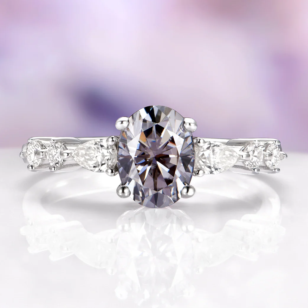 Oval Cut Gray Moissanite Ring in Sterling Silver