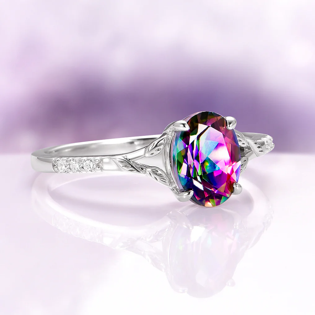 Mystic Topaz & Galaxy Opal Leaf Couples Ring Set - Image 9