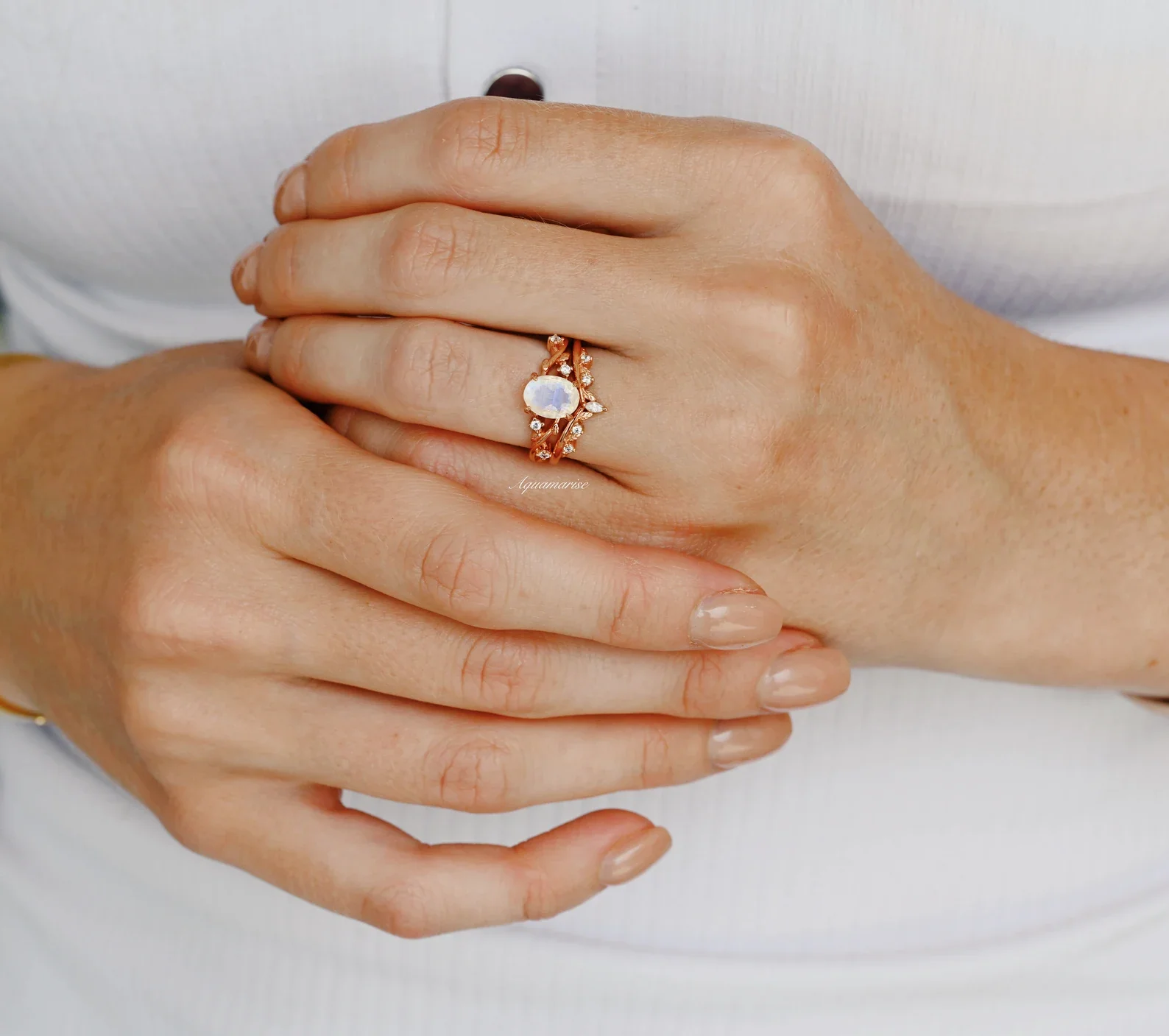Moonstone Leaf Engagement Ring Set in 14K Solid Rose Gold - Image 2