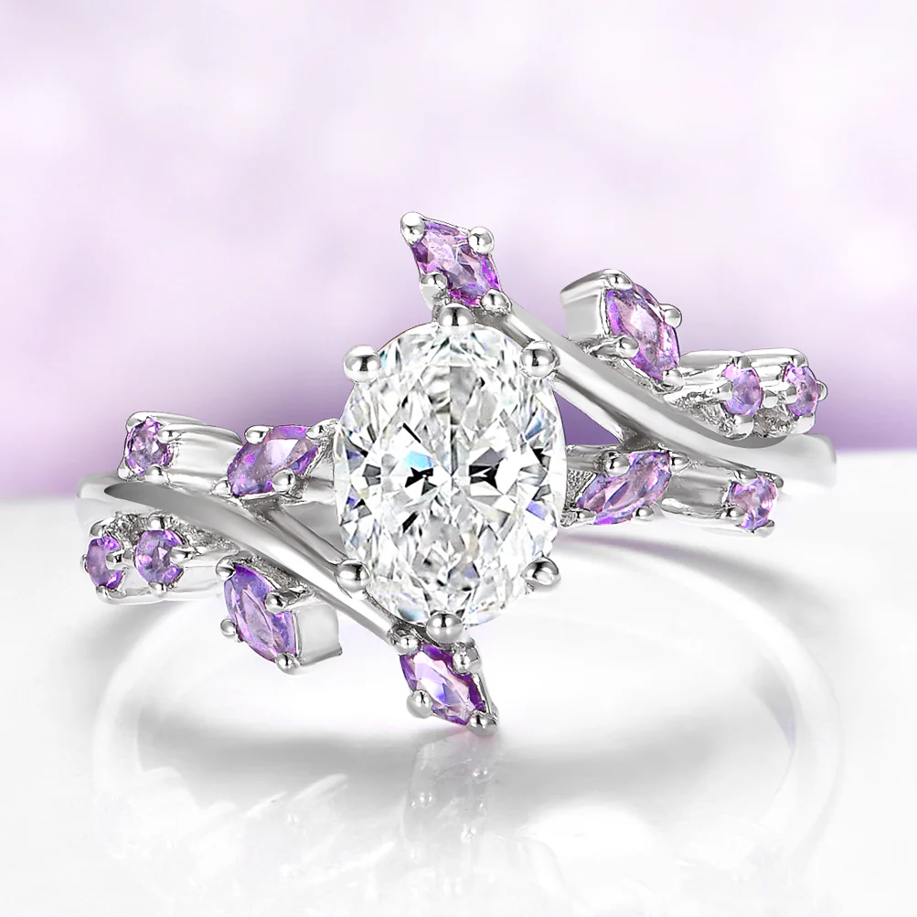 Oval Moissanite & Amethyst Leaf Engagement Ring in Sterling Silver