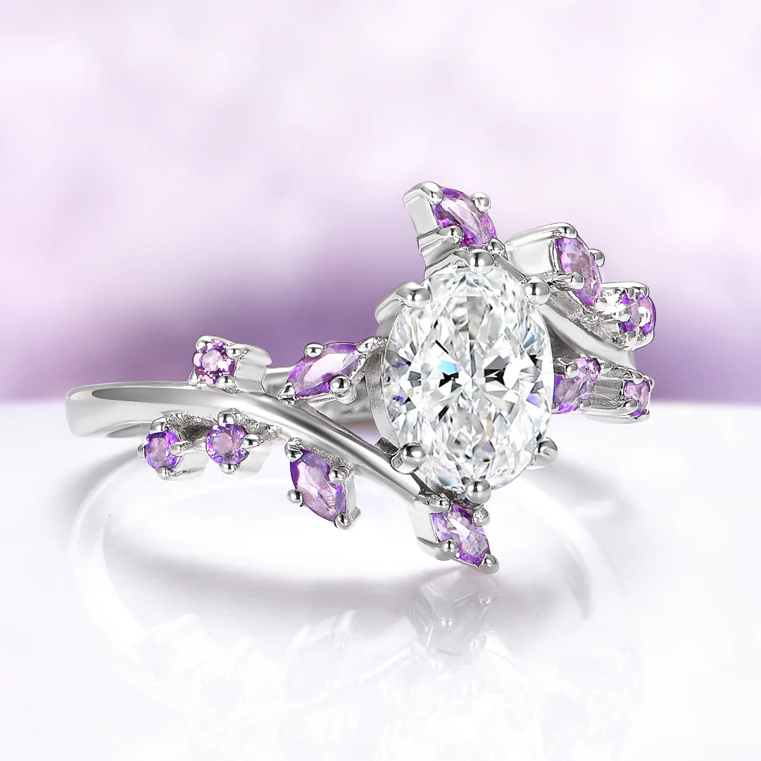 Oval Moissanite & Amethyst Leaf Engagement Ring in Sterling Silver - Image 2