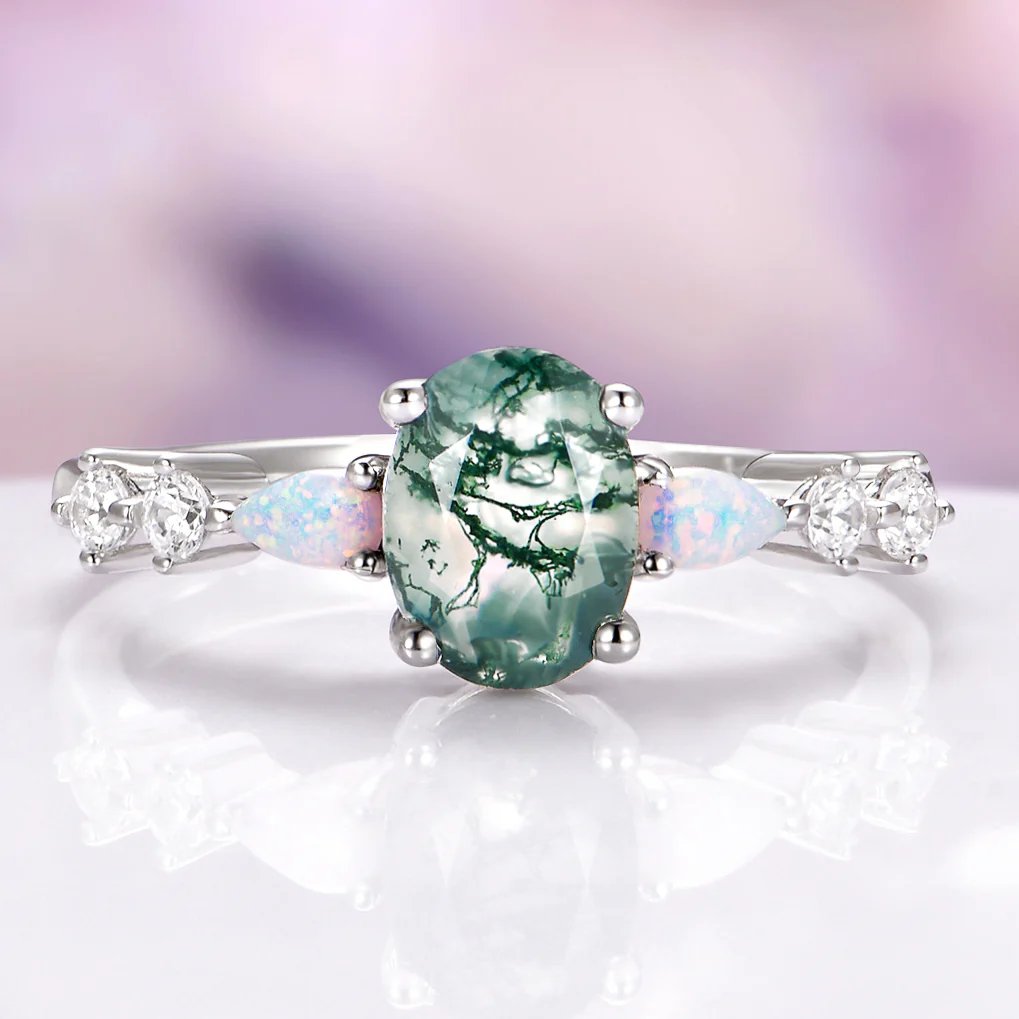 Oval Moss Agate Ring with Opal in Sterling Silver