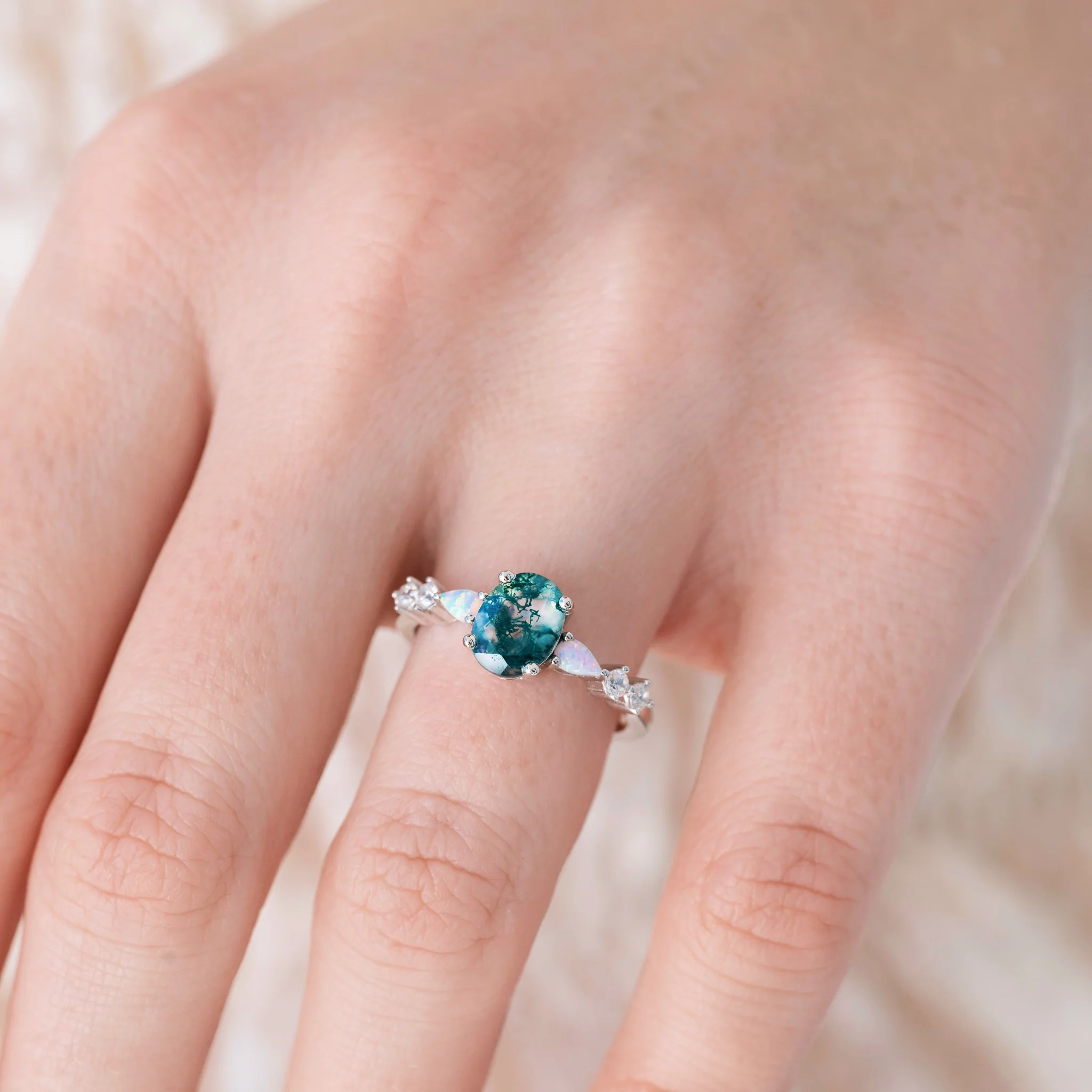 Oval Moss Agate Ring with Opal in Sterling Silver - Image 3