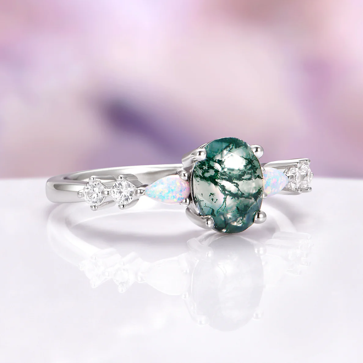 Oval Moss Agate Ring with Opal in Sterling Silver - Image 5