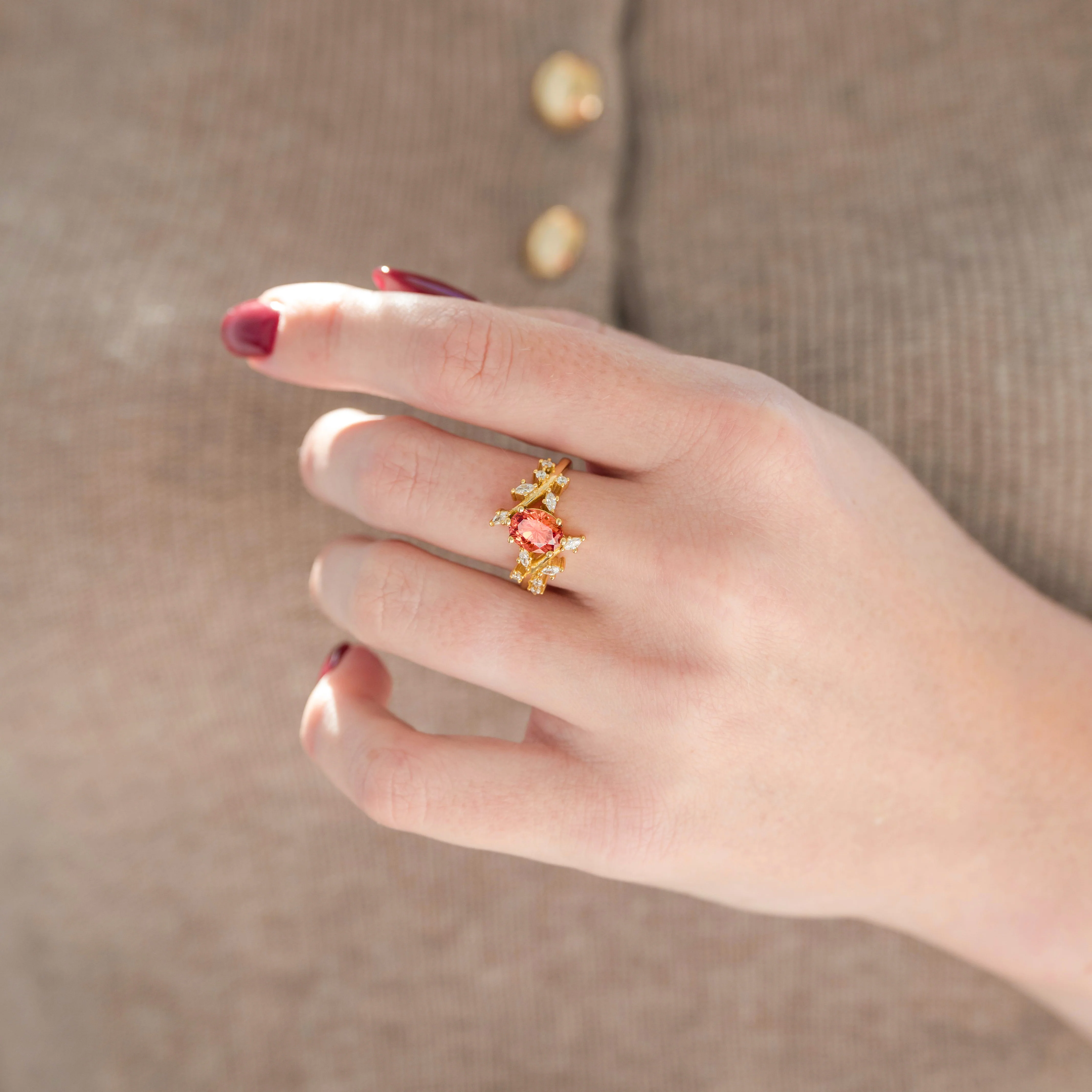 Padparadscha Fantasy Cut Orange Sapphire Leaf Ring- 14K Solid Yellow Gold - Image 2
